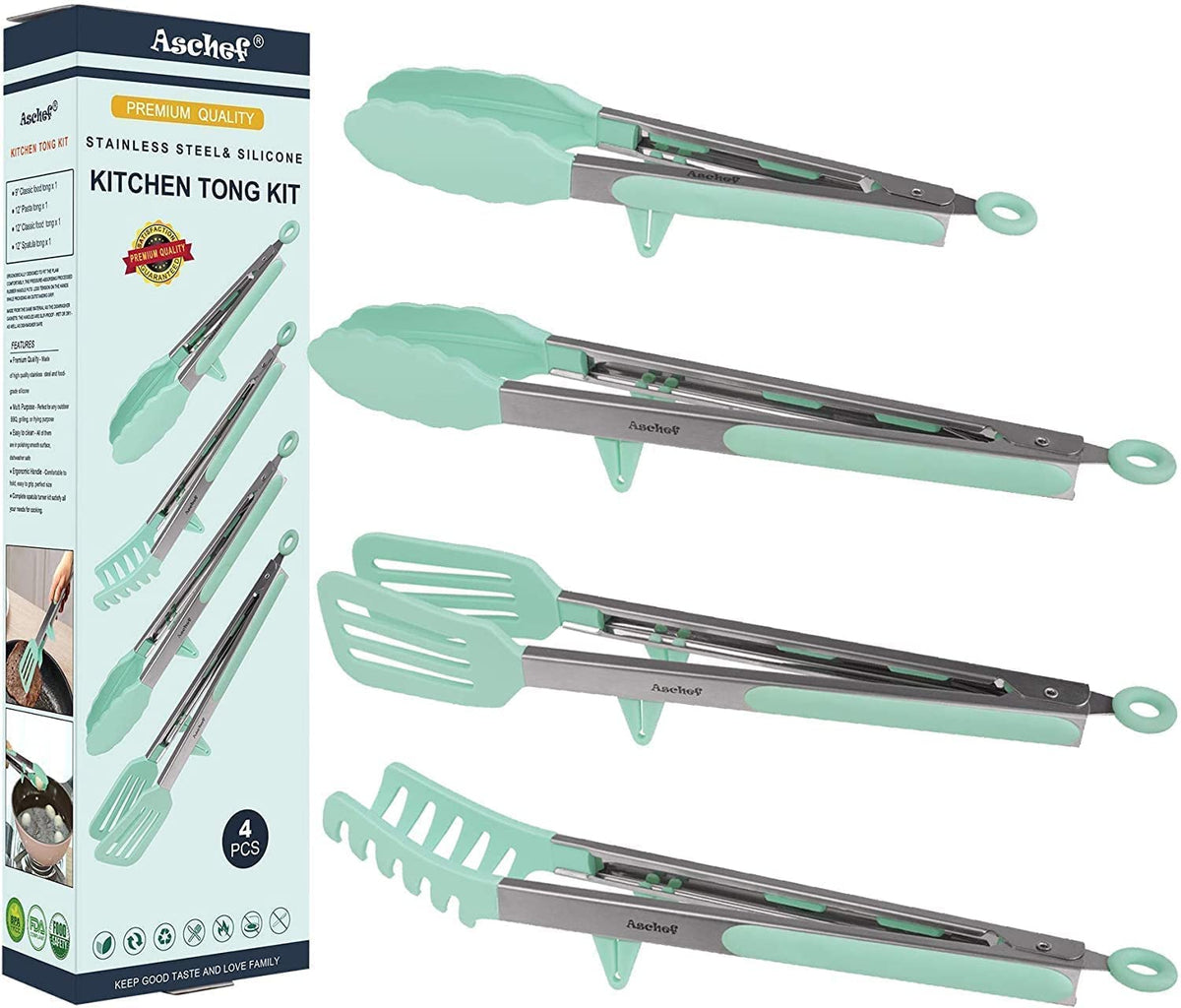 4In1 Stainless Steel Kitchen Food Tongs Set For Cooking With Silicone Tips, Toaster Steak Pie Pizza Pasta Spaghetti Noodles Sala
