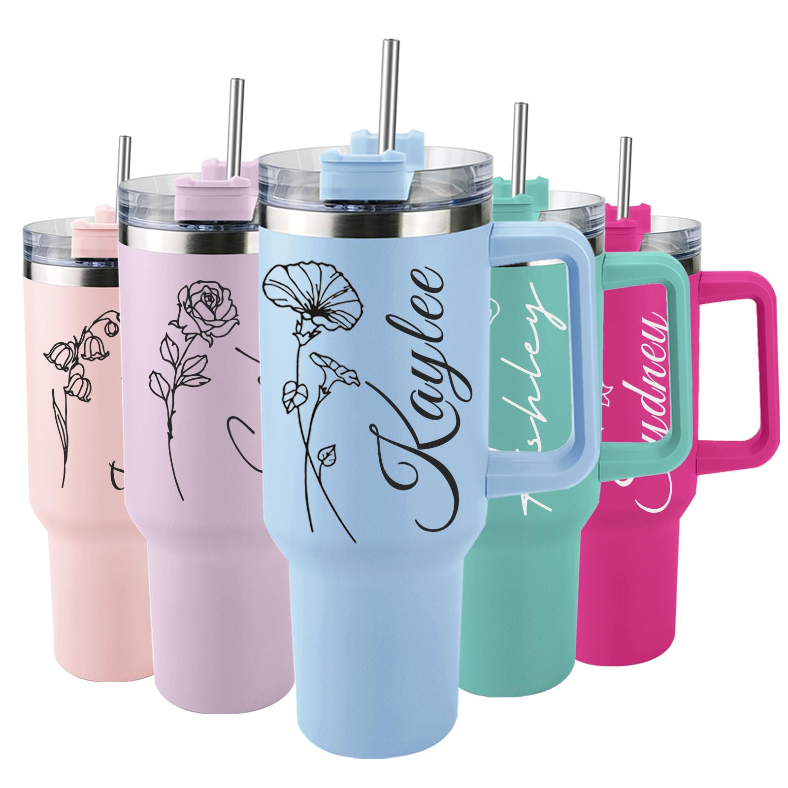 Elemtansy Personalized 40 Oz Tumbler with Handle and Straw, Custom Cup with Name & Birth Flower, Stainless Steel Travel Coffee T