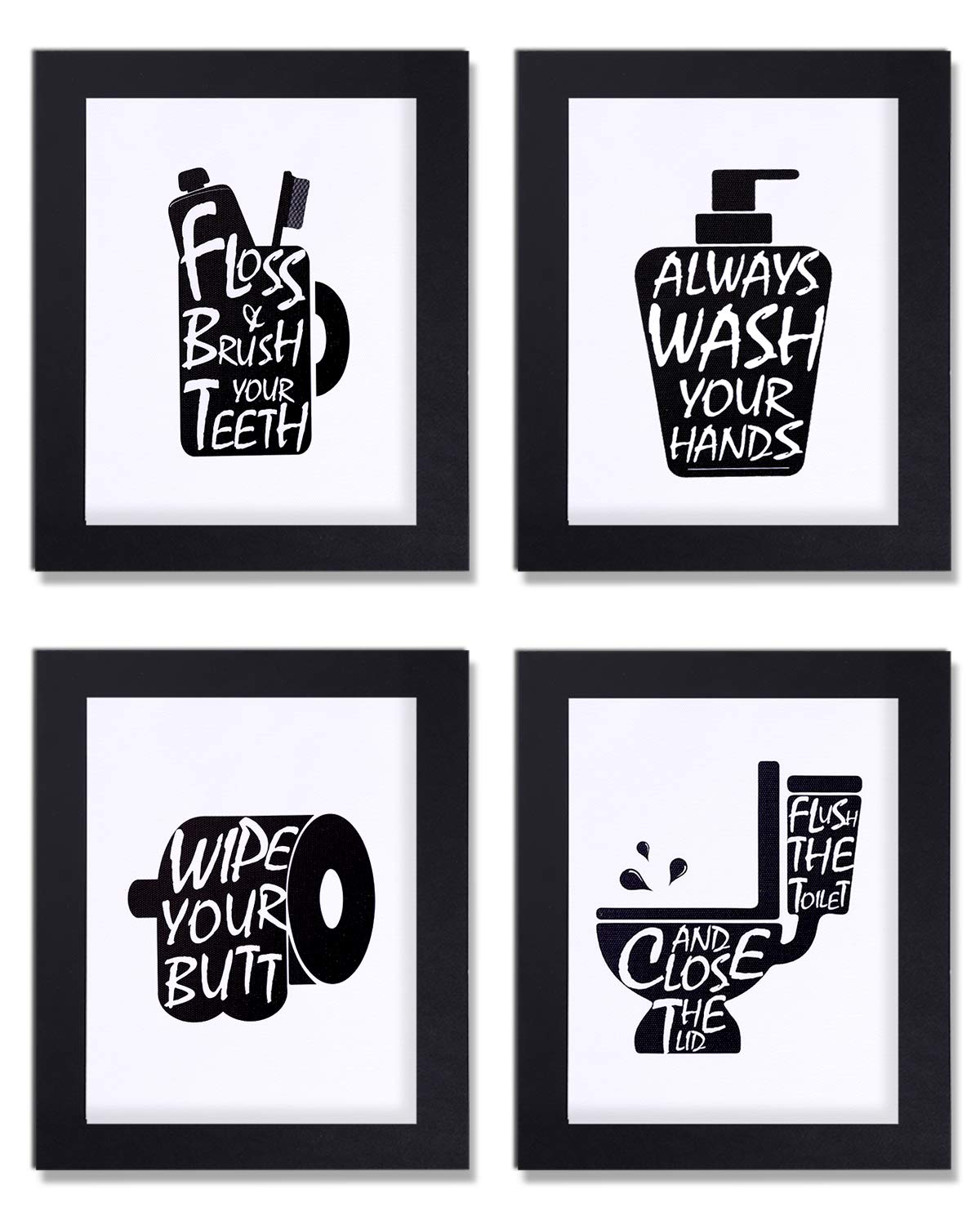 Bathroom Decor Wall Art Prints With Paper Frames;Funny Bathroom Wall Signs Wash Brush Floss Flush Black And White Bathroom Canva