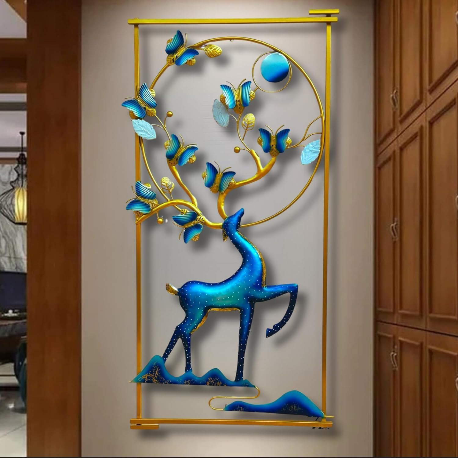 MANMOHINI CREATIONS Deer And Butterfly With LED Metal Frame Wall Dcor Entrance/Wall Hanging For Living Room, Bedroom, Home Offic