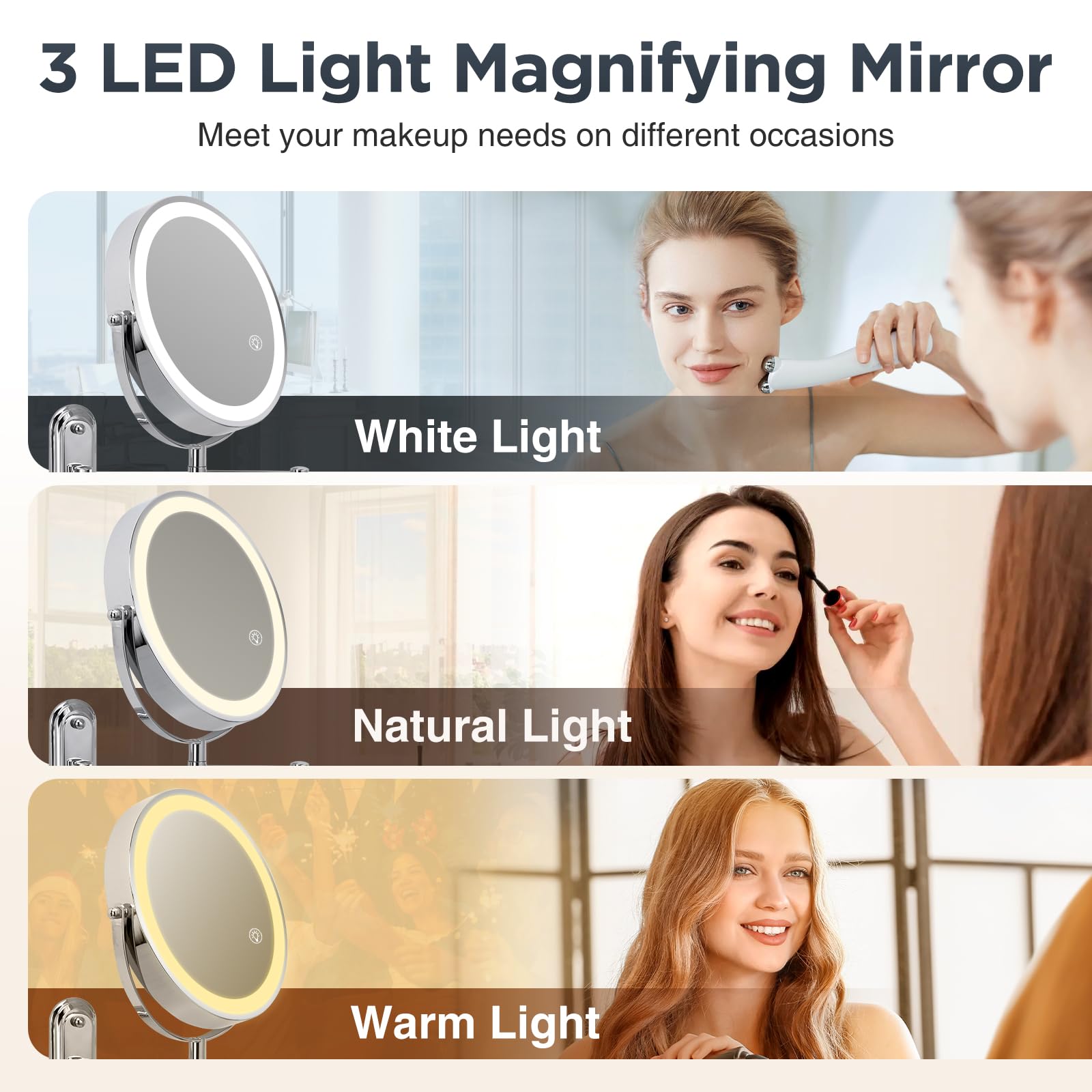 Wall Makeup Mirror With Lights - 1X/15X Led Extended Arm Magnigying Mirror, 3 Color Lights & 360Swivel Vanity Mirror, 8In Bathro