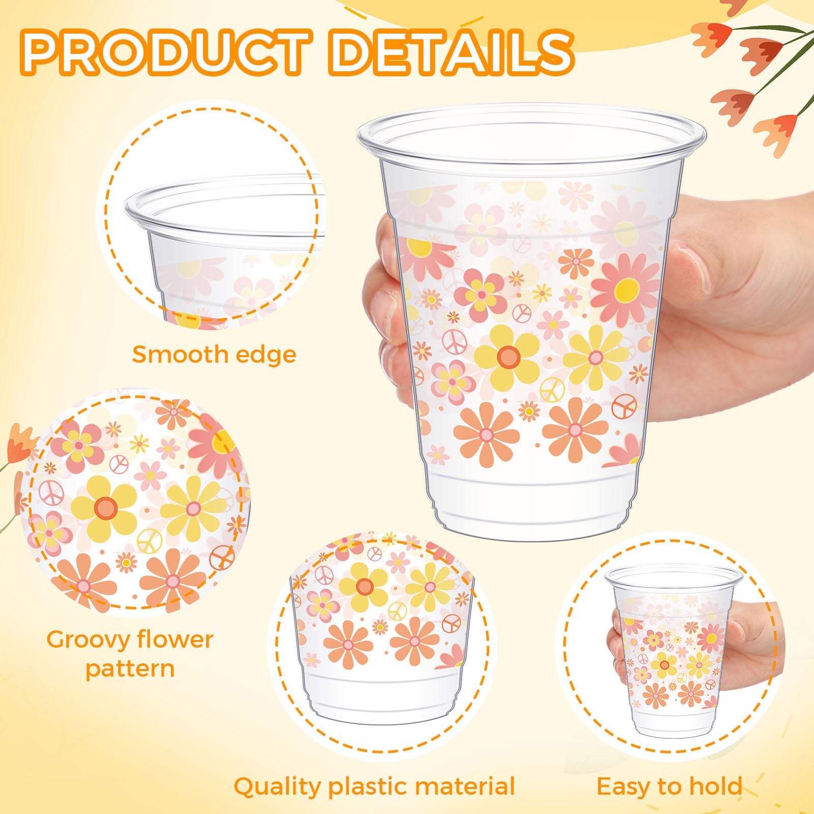 Yaomiao 50 Pieces Groovy Plastic Cups 12 Oz Bulk Retro Hippie Clear Disposable Cups Daisy Flower Drinking Beverage Cups For Birt