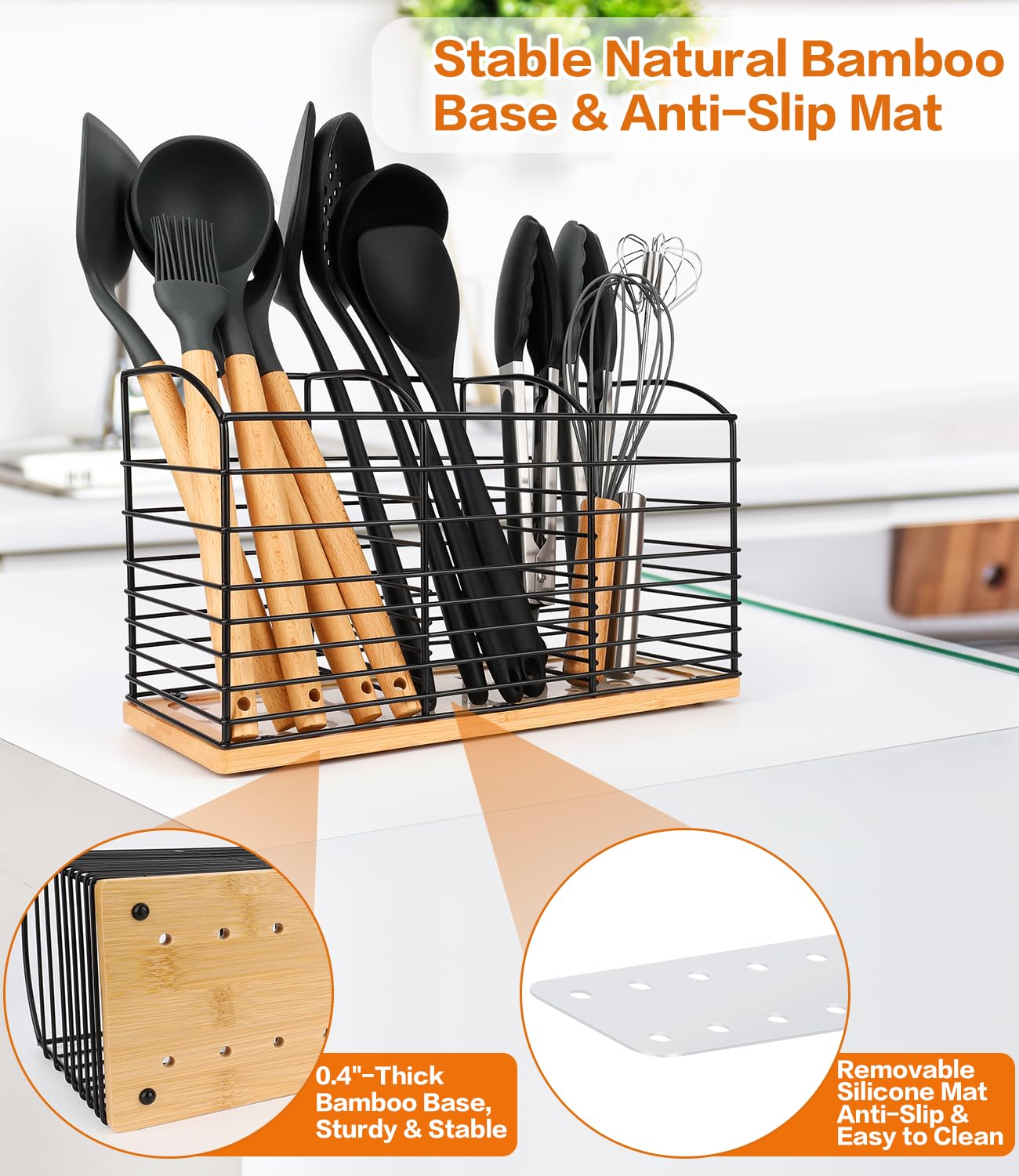 Primzooty Large Utensil Holder For Kitchen Counter - 11.8''X 6.7''X 4.7'', 3 Compartments Aesthetic Design, Kitchen Utensil Hold