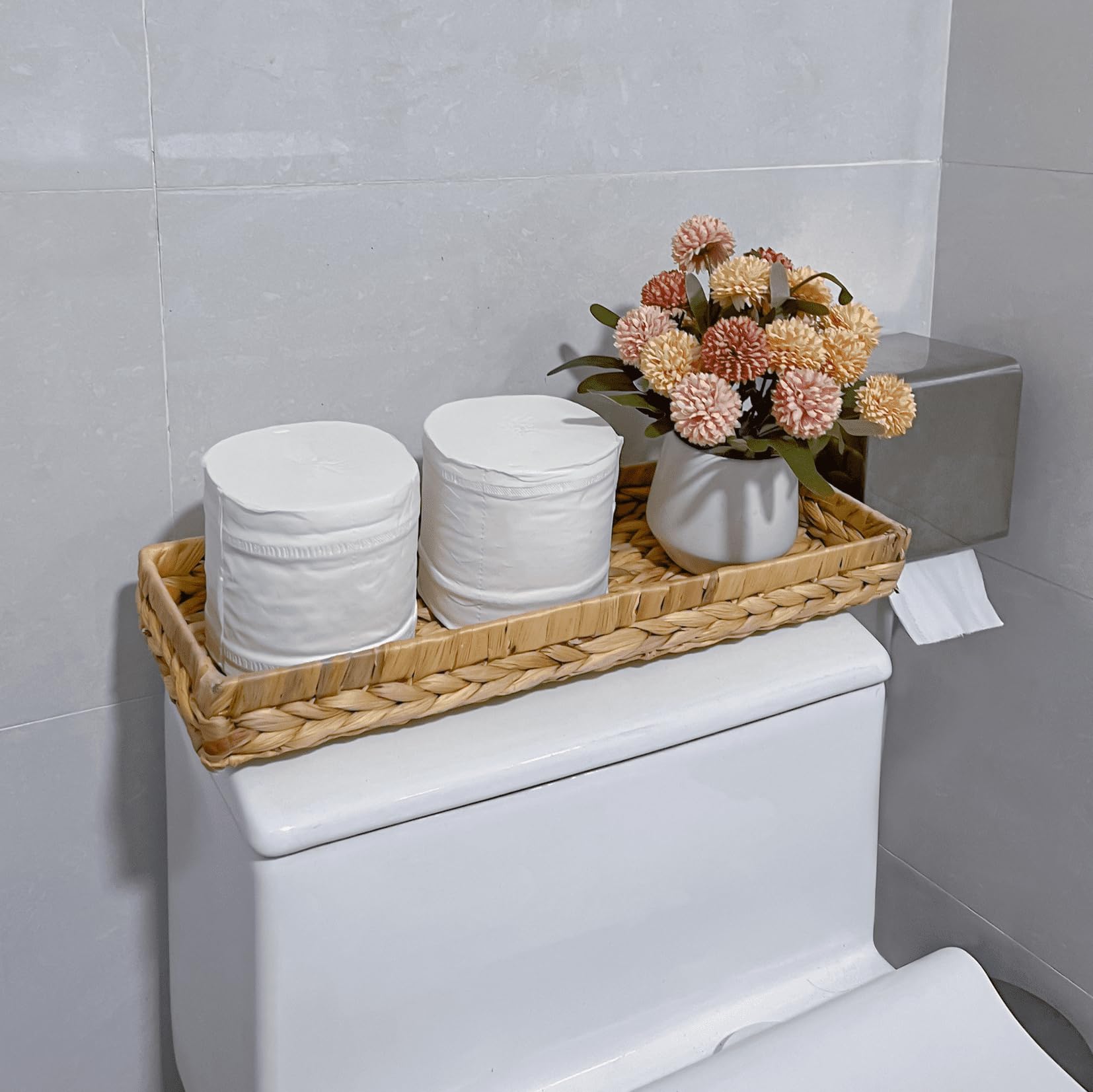 Wicker Toilet Tank Basket, 16 Inch Toilet Tank Tray For Bathroom Long Back Of Toilet Tray Vanity Tray Set For Bathroom Counterto