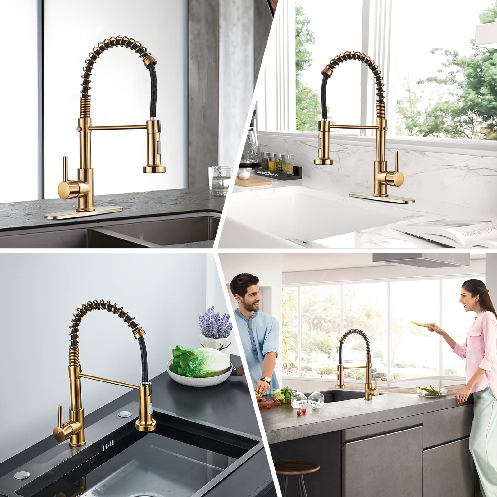 Danpiang Gold Kitchen Faucet,Commercial Stainless Steel Single Handle Pull Down Kitchen Sink Faucet With Deck Plate,Brushed Gold