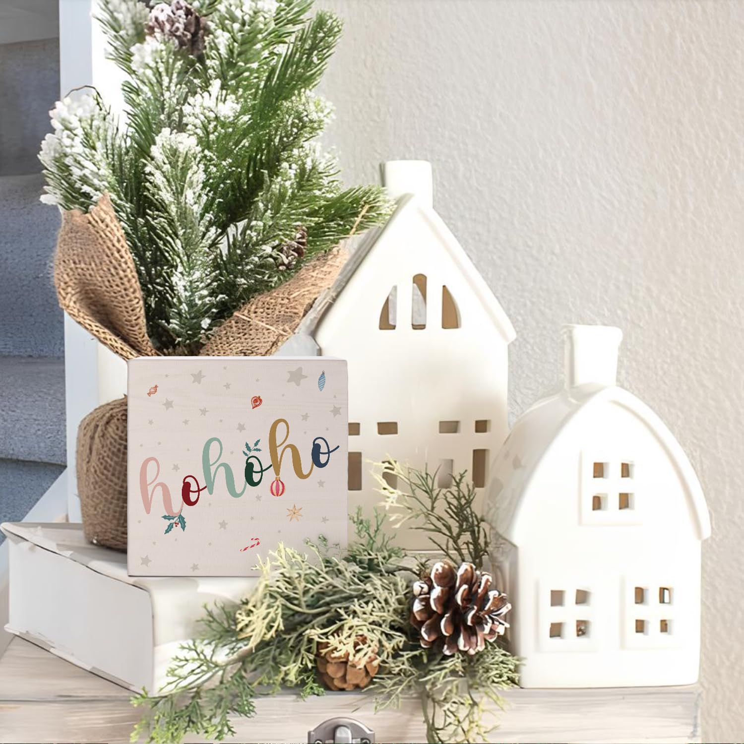 FLVGE Christmas Decor, Christmas Decorations Letter Hohoho Sign Table Decoration, Santa Claus Laugh Wood Box Sign, Xmas Holiday