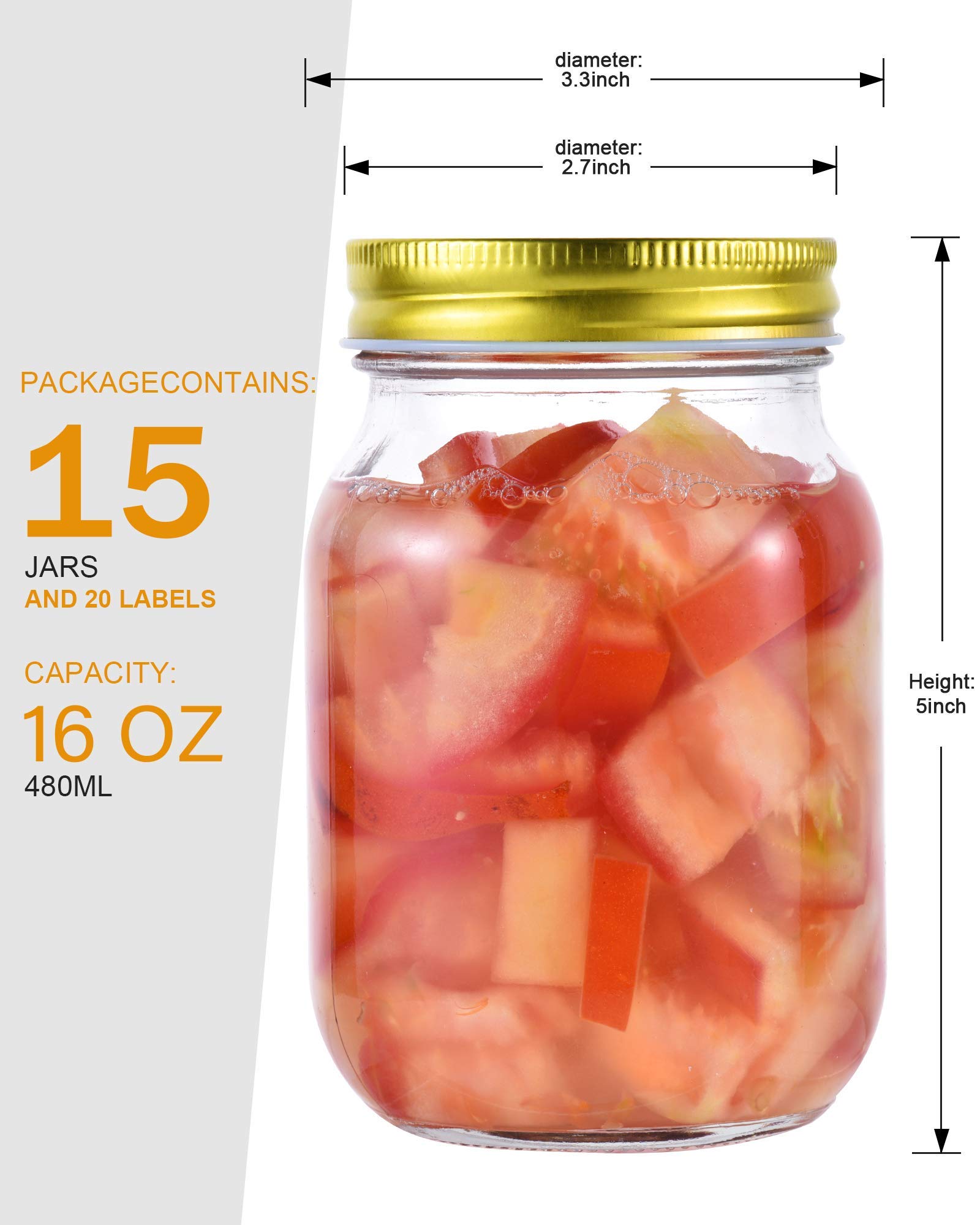 16 Oz Mason Jars With Lids Regular Mouth 15 Pack-16 Oz Glass Jars With Lids,Bulk Pint Clear Glass Jars For Meal Prep, Food Stora