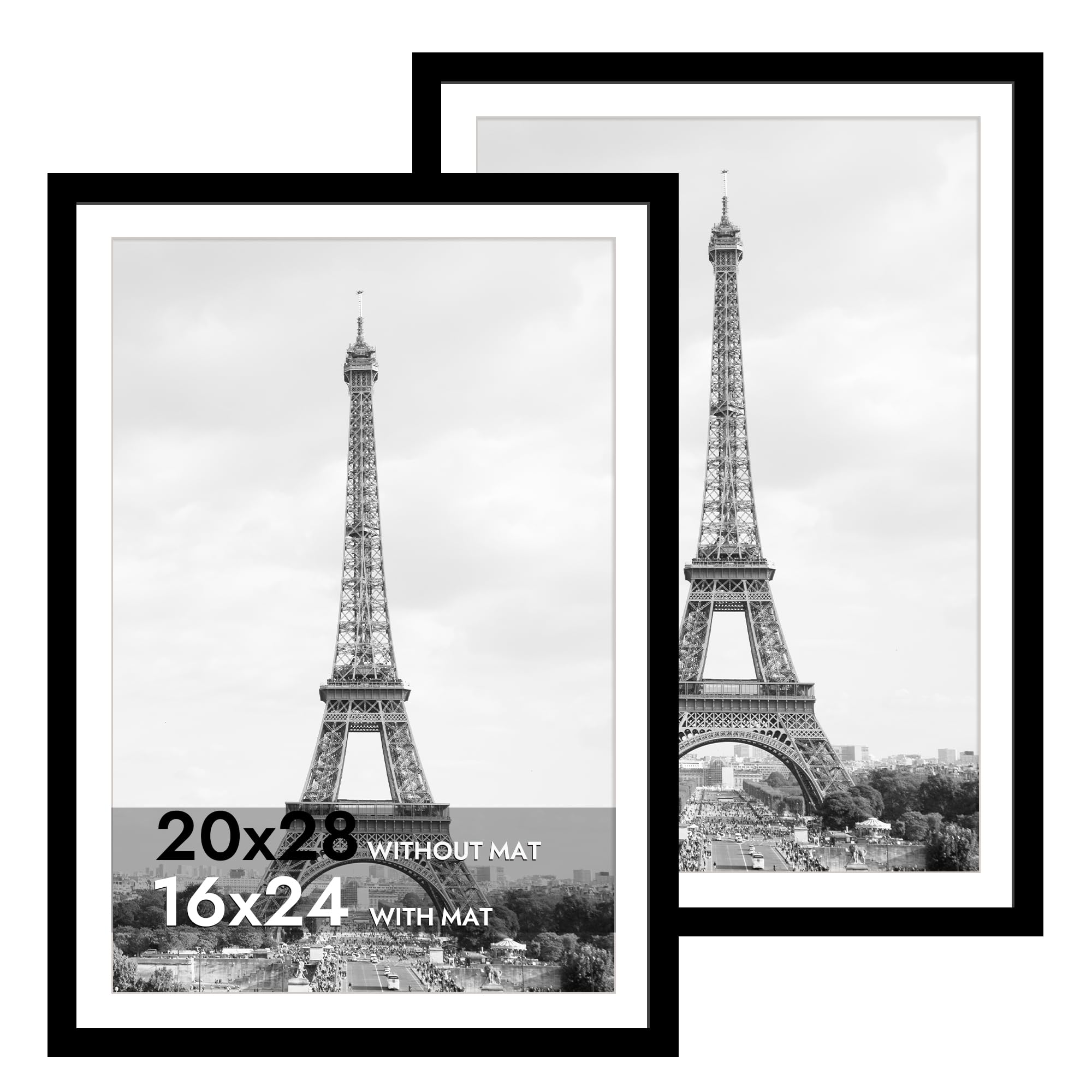 iRahmen 20x28 Picture Frame Set of 2 with Plexiglass, Black Wood Poster Frame for Wall Mounting Display 16x24 Picture with Mat o