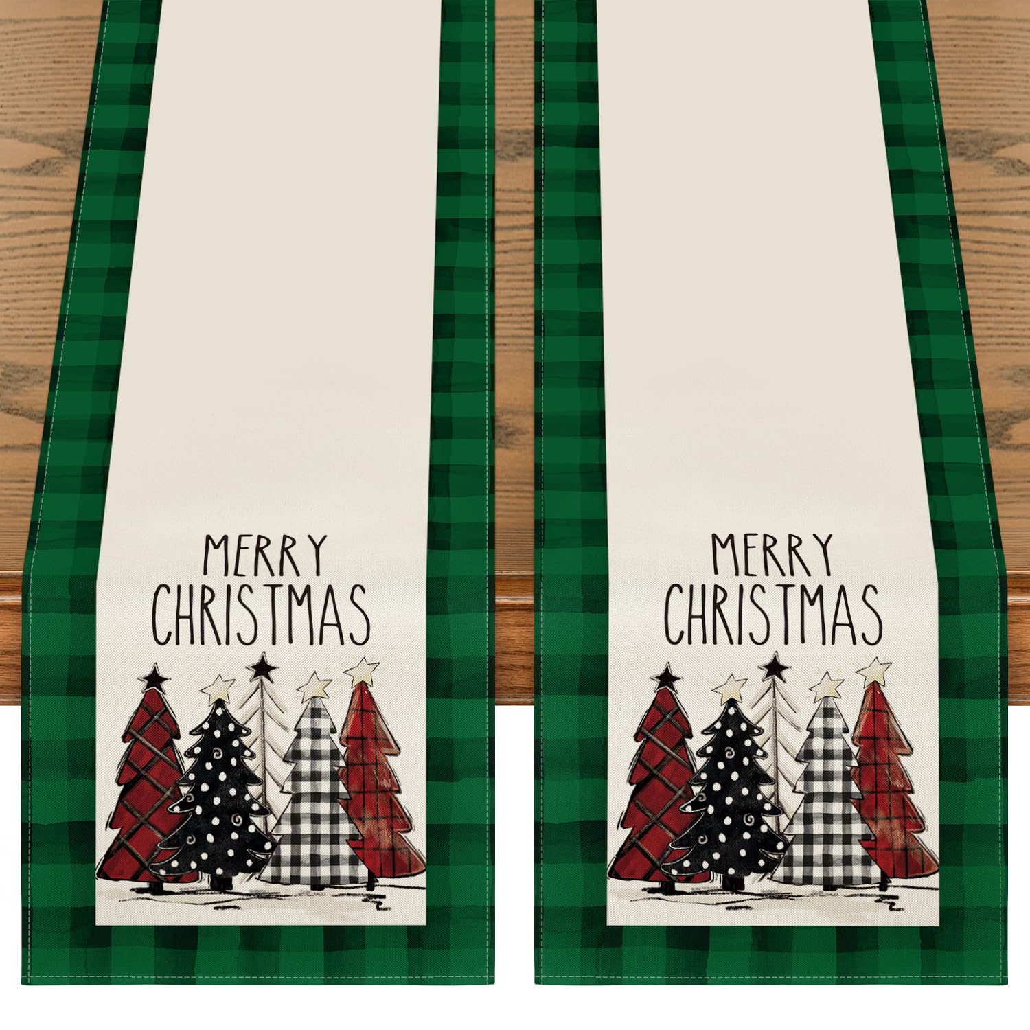 Artoid Mode Green Buffalo Plaid Xmas Trees 2Pcs Merry Christmas Table Runner, Seasonal Winter Holiday Table Decoration For Home