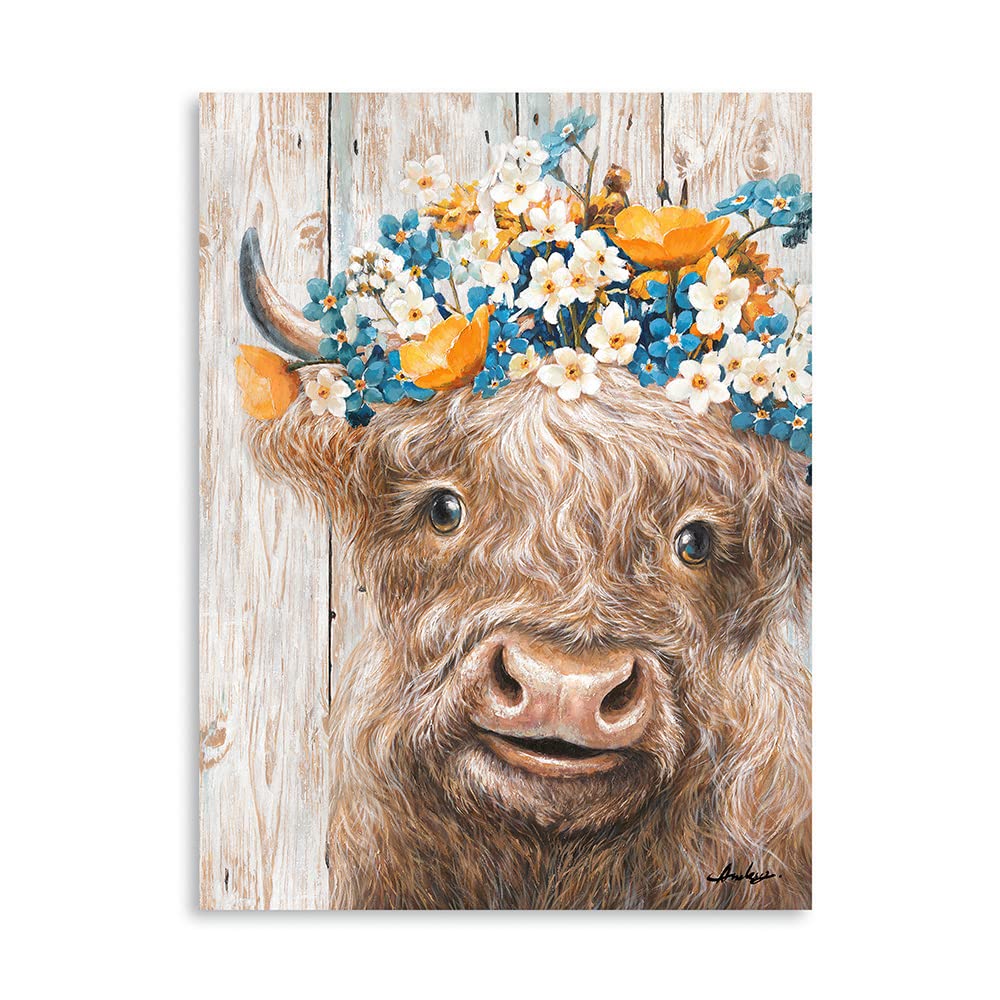 Yidepot Cow Wall Art Farmhouse Decor: Rustic Pretty Furry Cattle Print Wearing Wreaths For Bedroom Cute Abstract Vintage Cow Stu