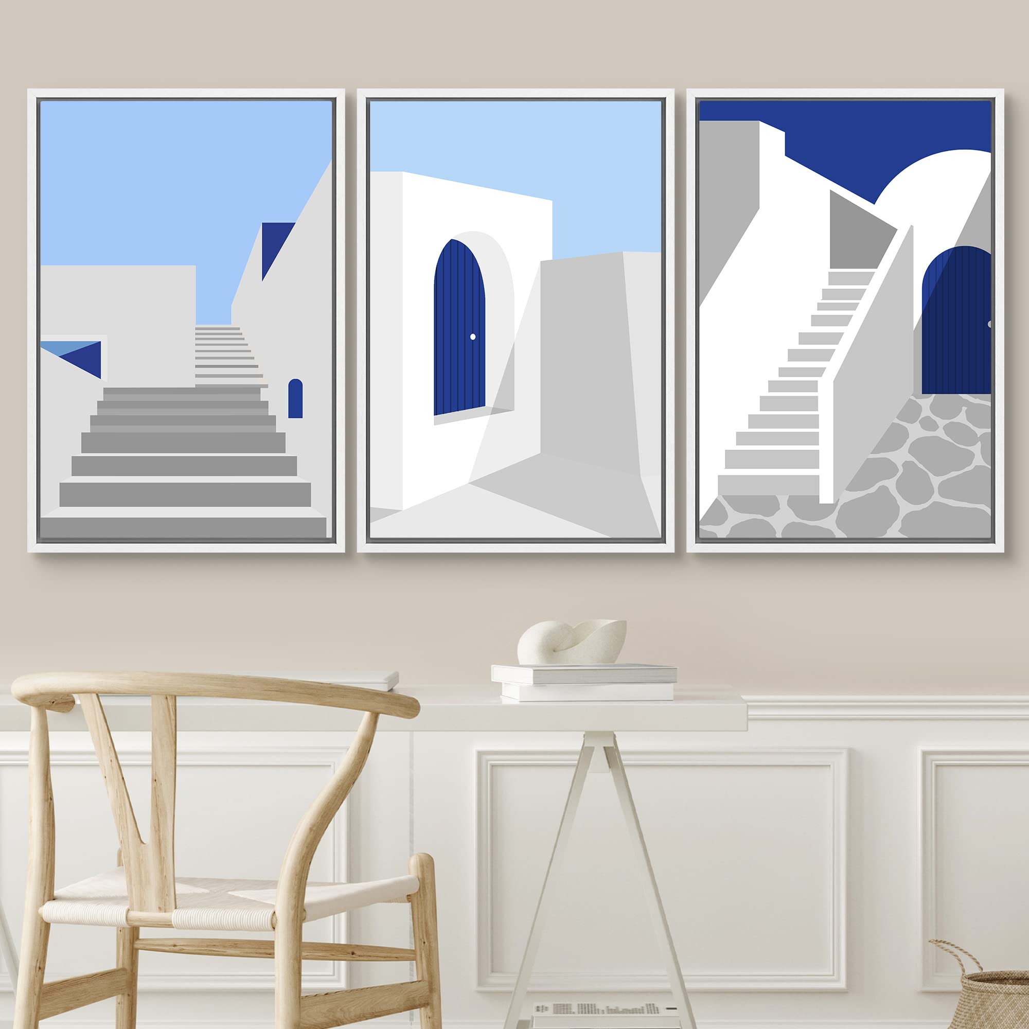 Signwin Framed Canvas Print Wall Art Set Mediterranean Blue White Architecture Places Country Illustrations Modern Bohemian Scen