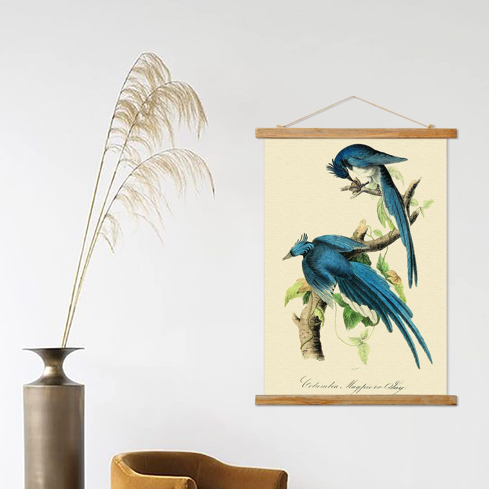 Vintage Birds Poster Hanger Frame, Retro Style Of Wall Art Prints, Printed On Linen With Natural Wooden Frames, Illustrative Ref
