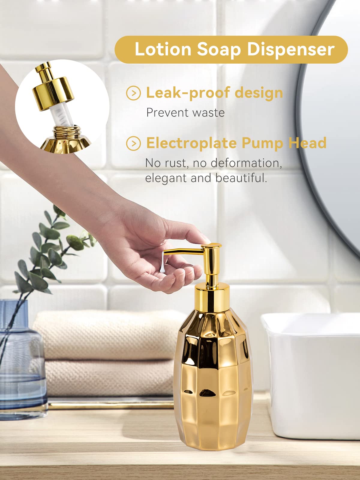 Bathroom Accessories Set, Golden Mosaic Ceramic Bathroom Accessory Sets Include Lotion Dispenser, Toothbrush Holder Tumbler, And