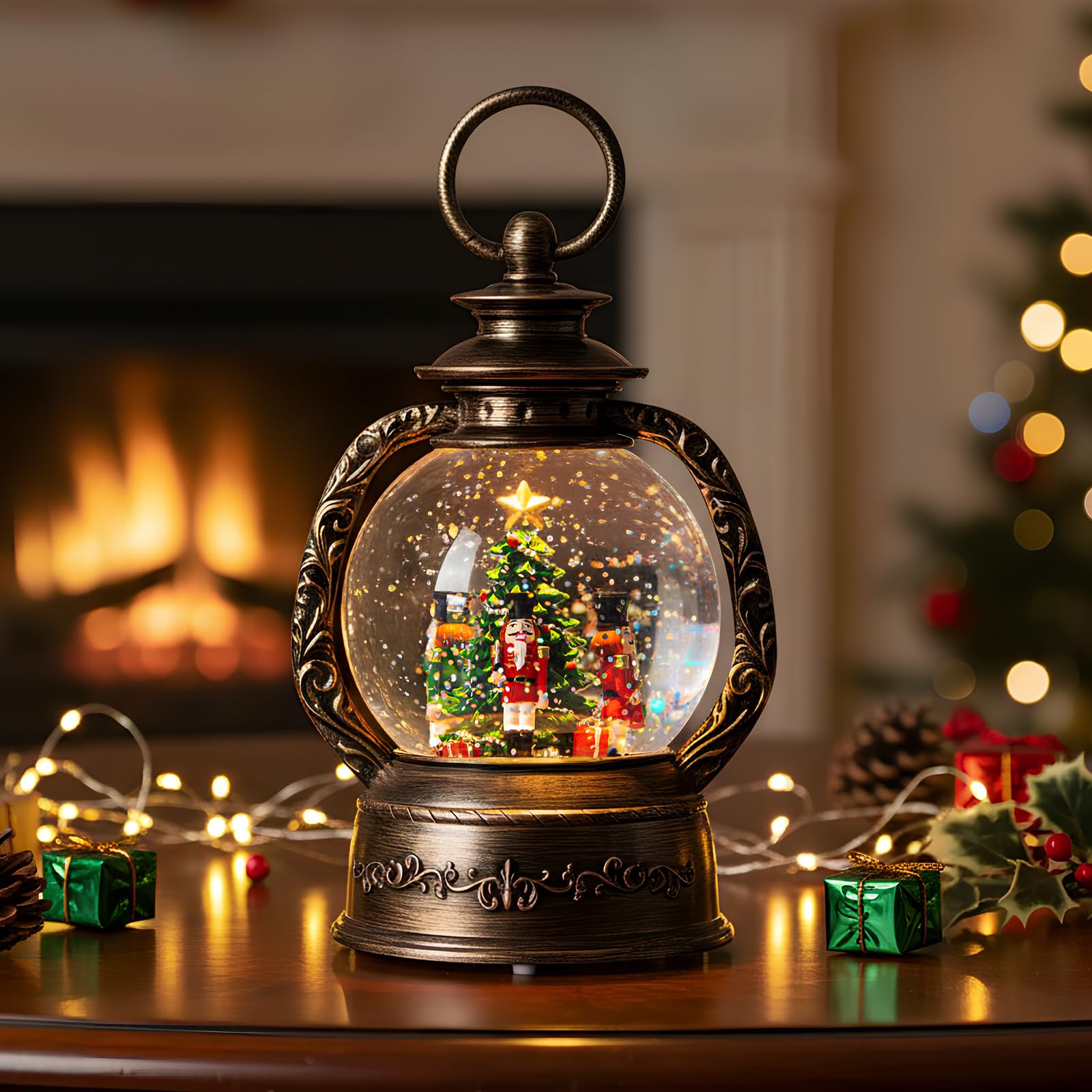 Christmas Snow Globe Lantern Water Glittering Nutcrackers with Music & Timer, USB Lined/Battery Operated Lighted Lantern for Chr