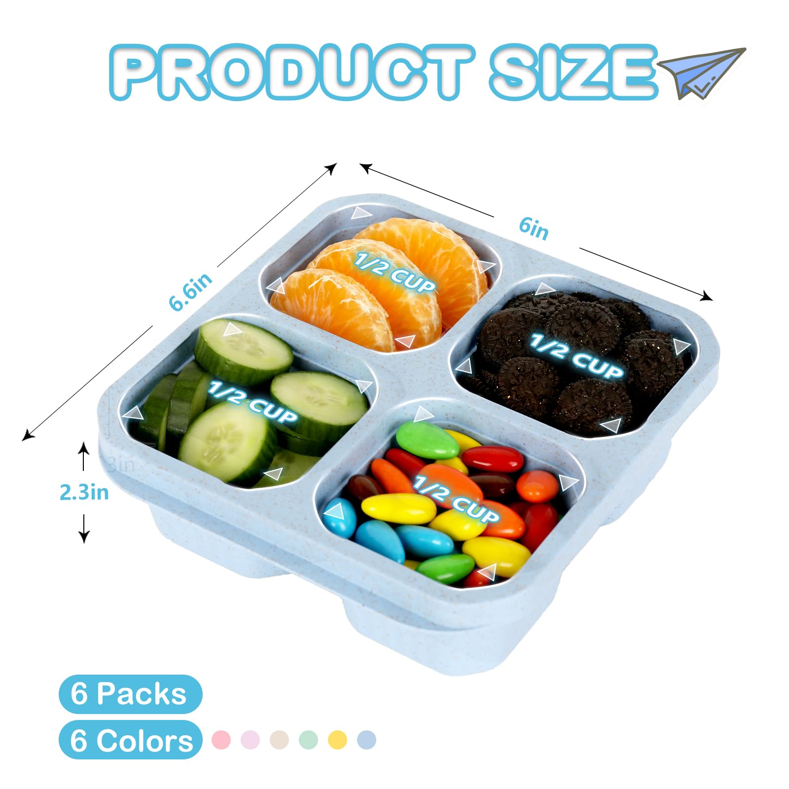 6 Pack Snack Containers, 4 Compartment Divided Snack Container For Kids, Bento Snack Box For Adults, Reusable Meal Prep Lunch Co