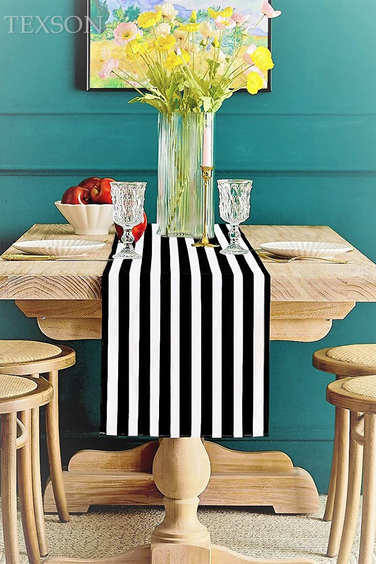 Texson 12 X 48 Inch Black And White Striped Table Runner, Boho Cotton Black And White Table Runner For Modern Wedding Party Deco