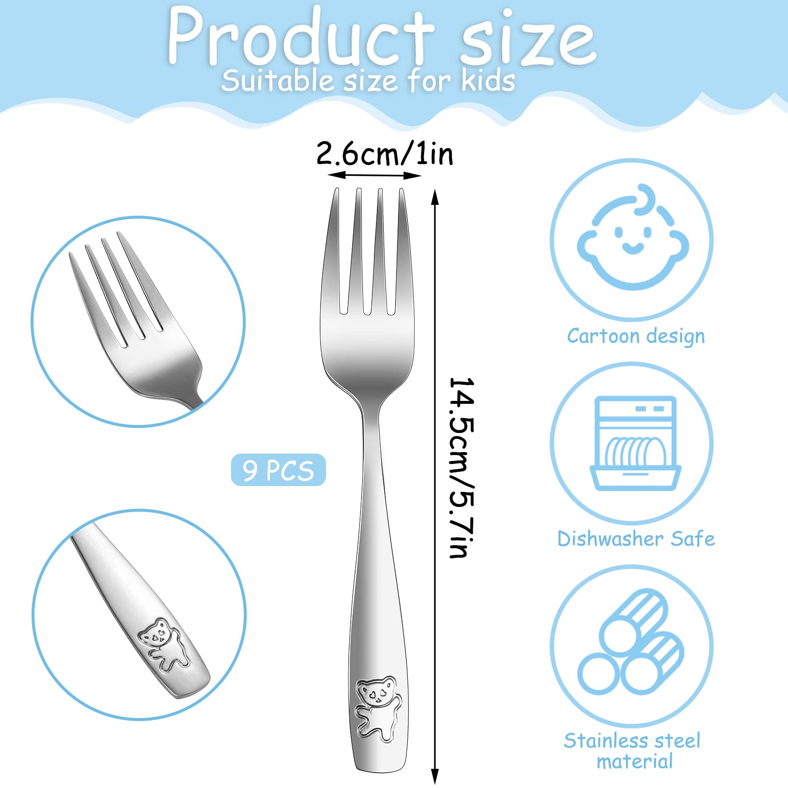 Pimoys 9 Pieces Toddler Forks Kids Forks, Kids Silverware Stainless Steel Childrens Safe Flatware Metal Baby Utensils Set Small