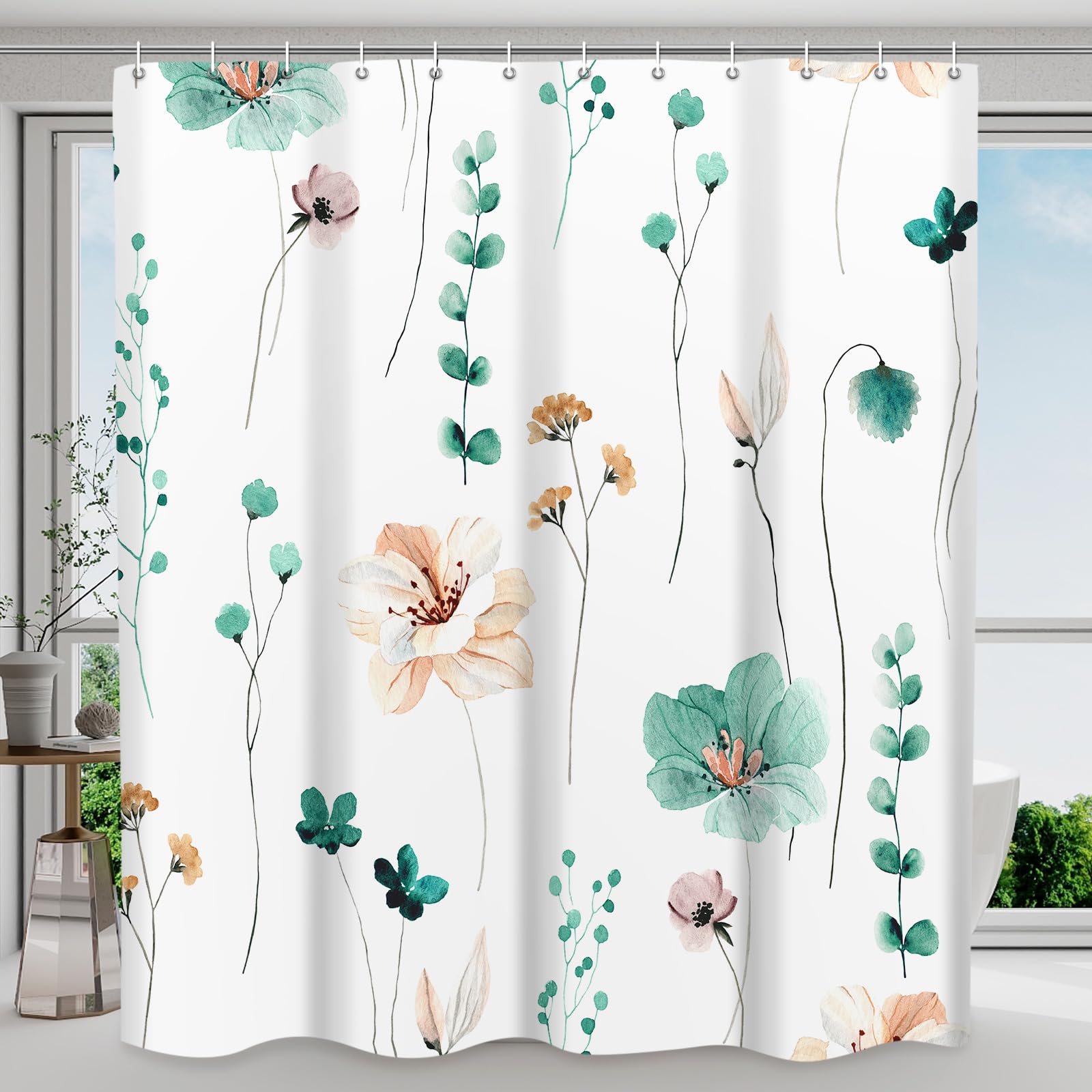 Withloc Shower Curtain Watercolor Flower Shower Curtain Sets - Spring Teal Floral Plant Shower Curtains For Bathroom, Washable M