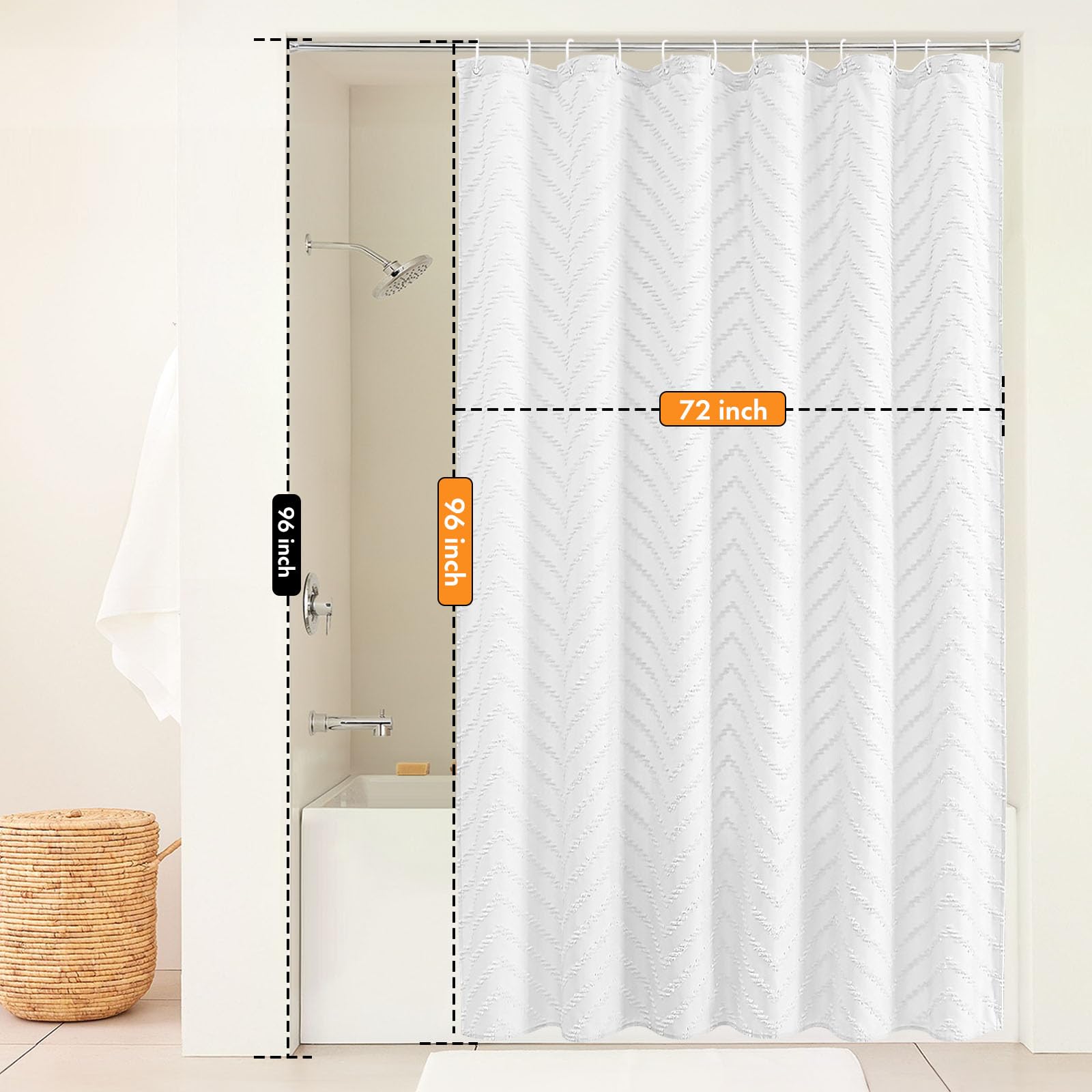 96Inche Extra Long Shower Curtains 72 X 96 Inches White Tufted Chevron Striped Fabric Shower Curtains For Bathroom Modern Shabby