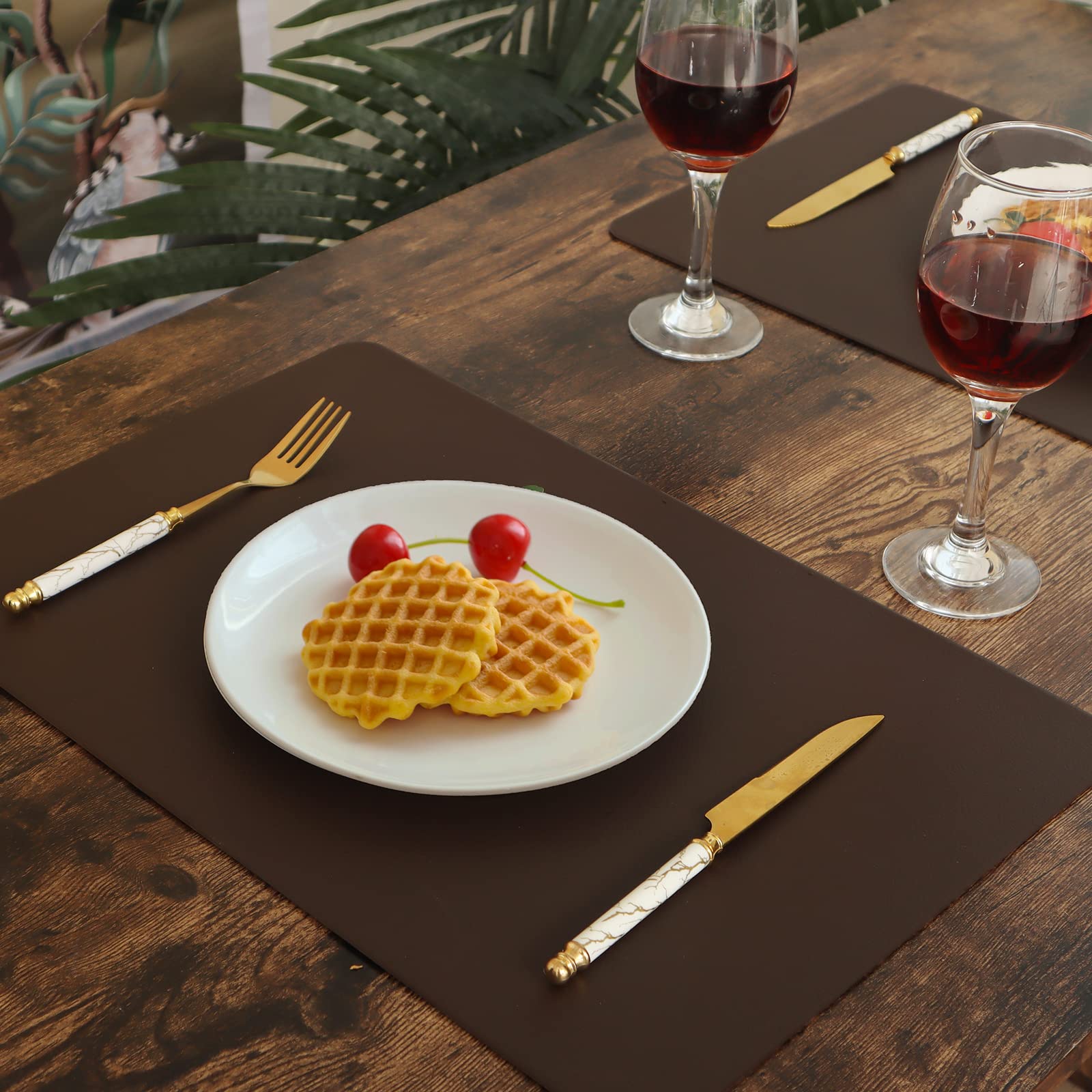 Vinjiasin Placemats Set Of 6 Brown Leather Place Mats Kitchen Dining Table Mats For Indoor Outdoor Wipeable Waterproof Sturdy Fa