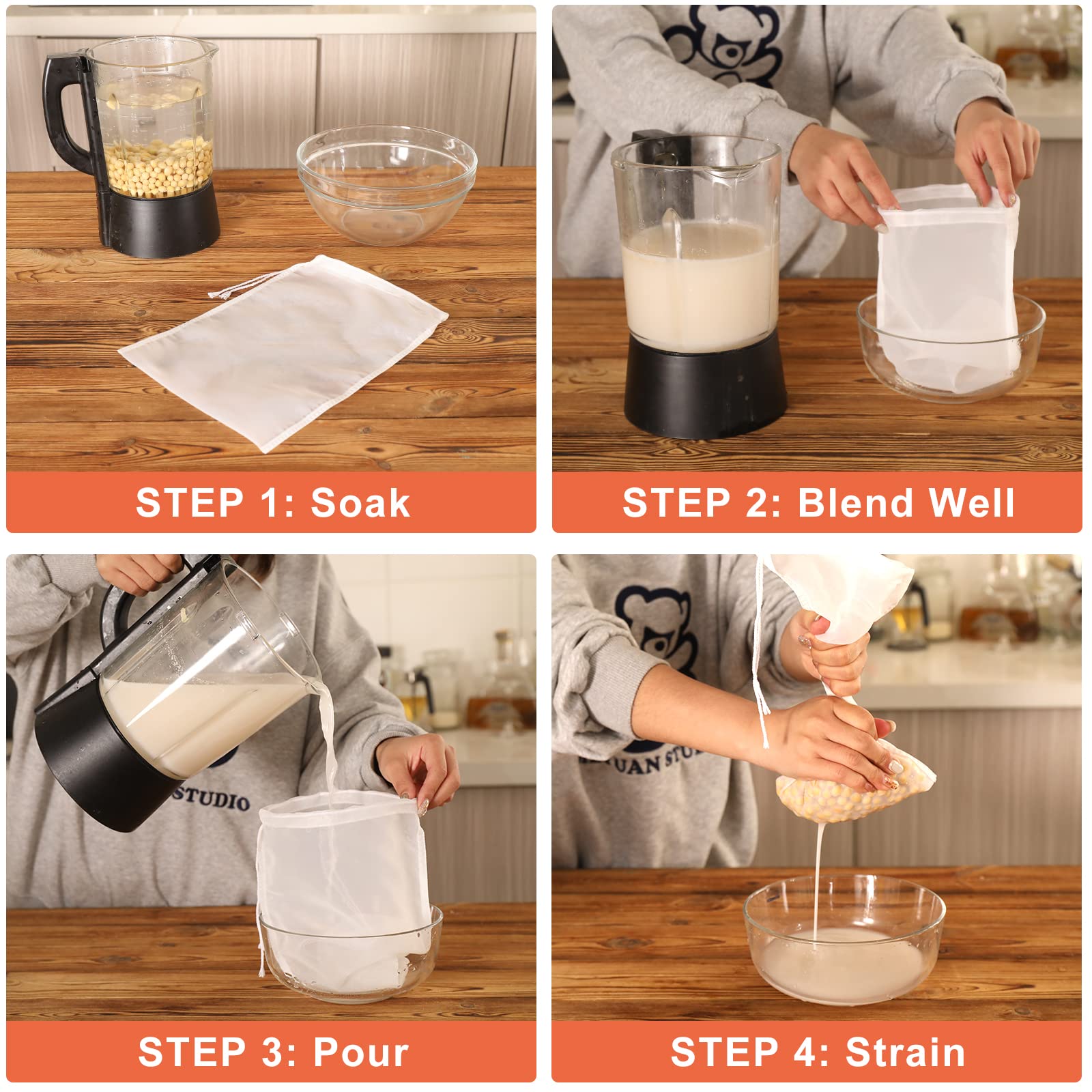 Kimmama 4 Pack Nut Milk Bag,Food Grade Nylon Nut Bag Strainer,7.9 X 11.8 Inch Cheese Cloth Bag For Straining Fruit Juice,Nut Mil