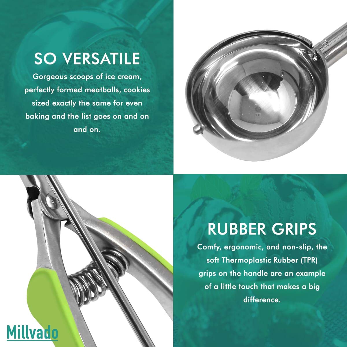 Millvado 3 Pack Stainless Steel Ice Cream And Cookie Scoops | With Green Rubber Grips - Spring Loaded Lever Design - For Sorbet,