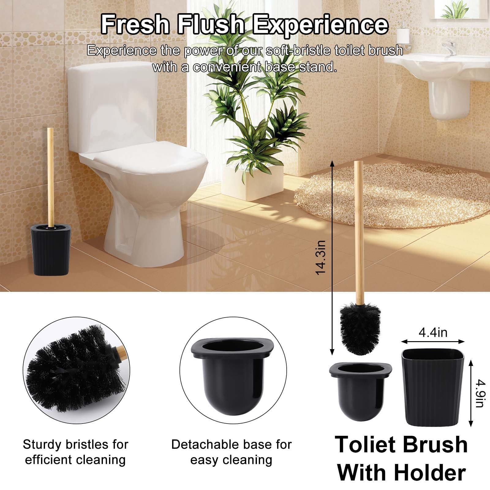 Black Bathroom Accessories Set 10Pcs Complete, Bamboo Lid Trash Can, Soap Dispenser, Soap Dish, Toilet Brush, Toothbrush Holder,