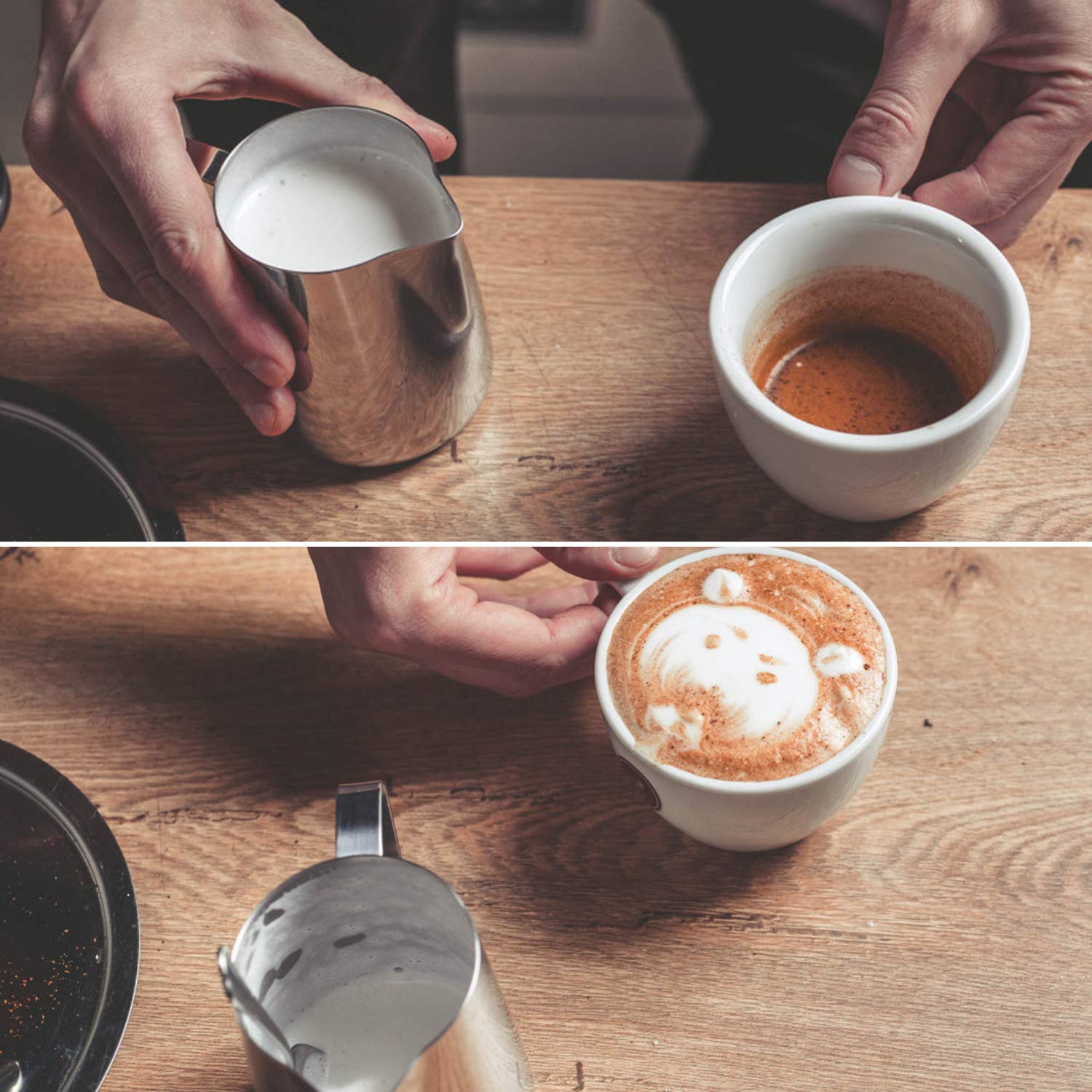 SIKEMAY Milk Frothing Pitcher Cup, 12oz Stainless Steel Jug with 2 Spoons, Perfect for Coffee Latte Art and Espresso Machine Accessories
