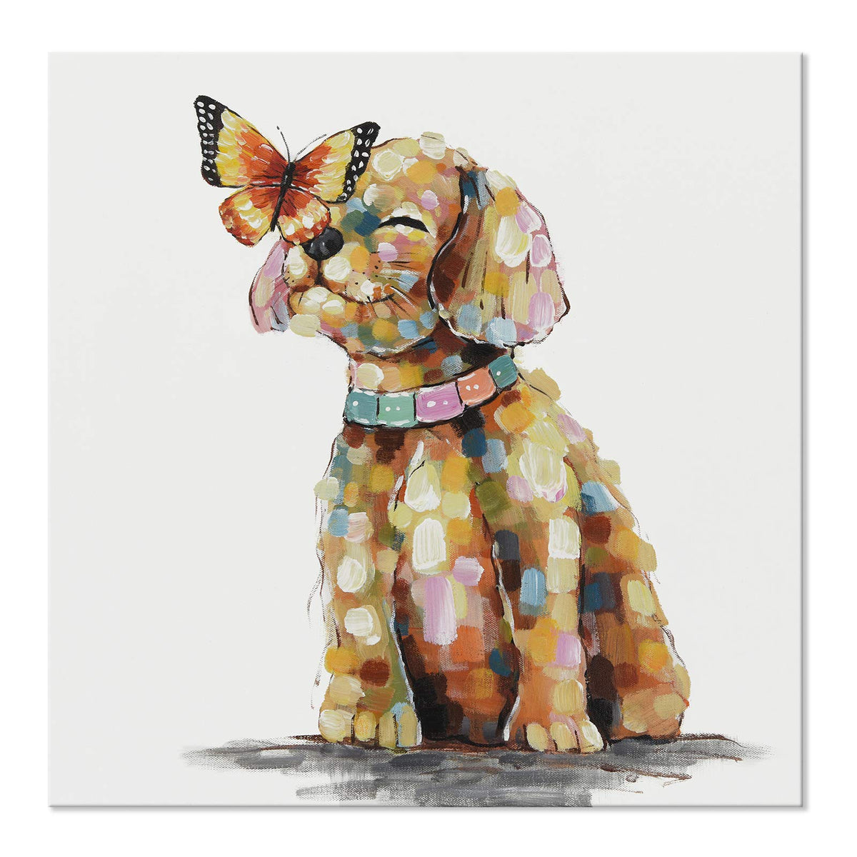 Seven Wall Arts Dog Canvas Wall Art Colorful Animal Picture Pet Puppy Butterfly Alighted On Dog Paintings Modern Framed Artwork