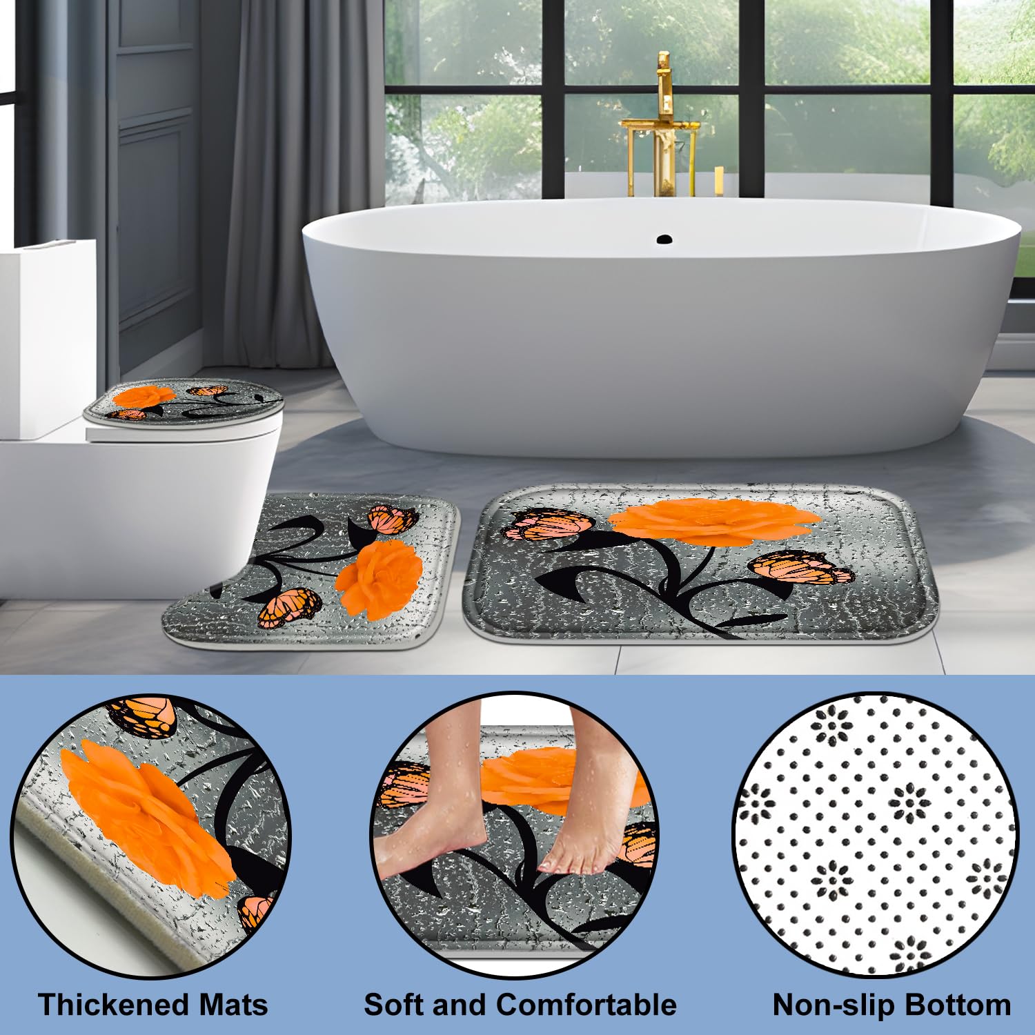 Poedist 4 Pcs Bathroom Set,Orange Rose Shower Curtain Sets, Romantic Shower Curtain Sets With Rugs(Bath Mat,U Shape And Toilet L
