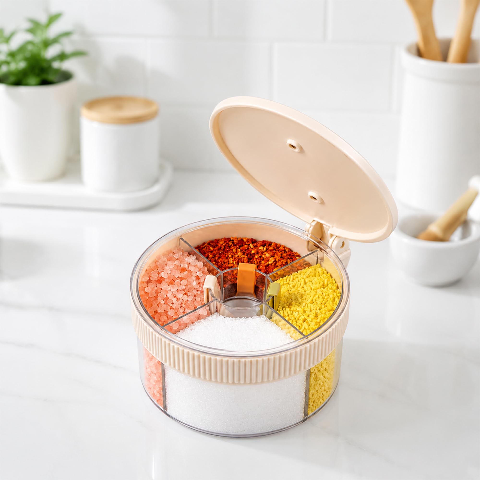 Purvaa Collection 4 In 1 Spice Storage Box With Lid & Spoon | 4 Compartment Masala Organiser For Kitchen Container | Transparent