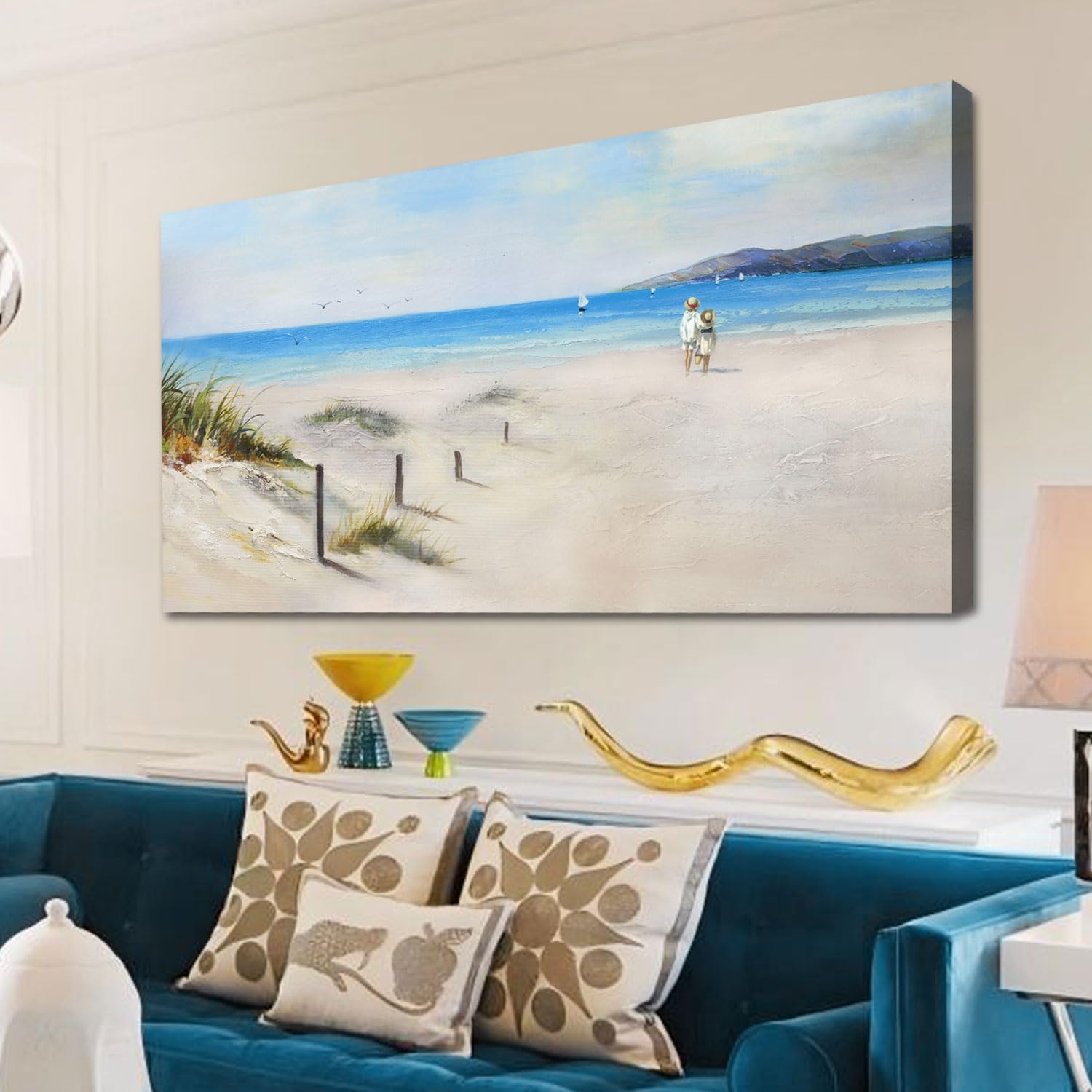 Ardemy Beach Canvas Wall Art Blue Seascape Painting Landscape Picture Hand Painted Textured, Coastal Kids Ocean Artwork Large 40