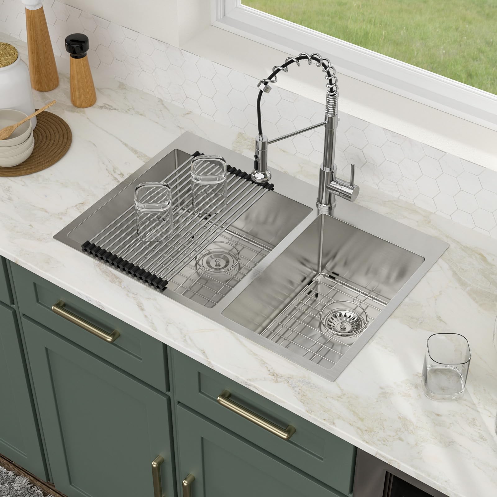Logmey 33 Inch Double Bowl Drop-In Kitchen Sink 33x22x9 Inch 60/40 Nano Coating Stainless Steel 16 Gauge Handmade Topmount Kitch