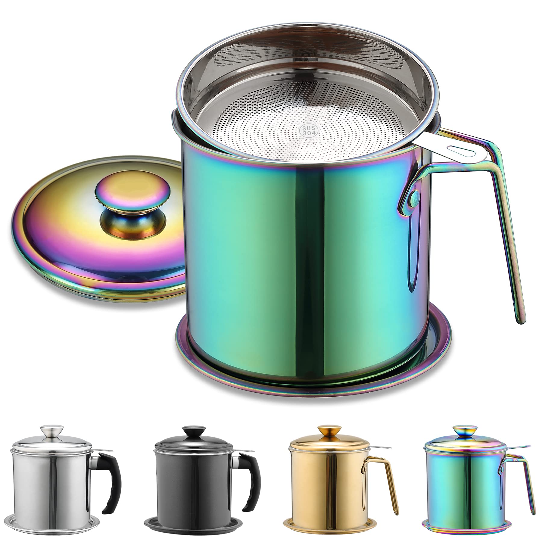 Berglander Rainbow Bacon Grease Container With Strainer 47Oz, Titanium Colorful Plating Stainless Steel Oil Storage Container Wi