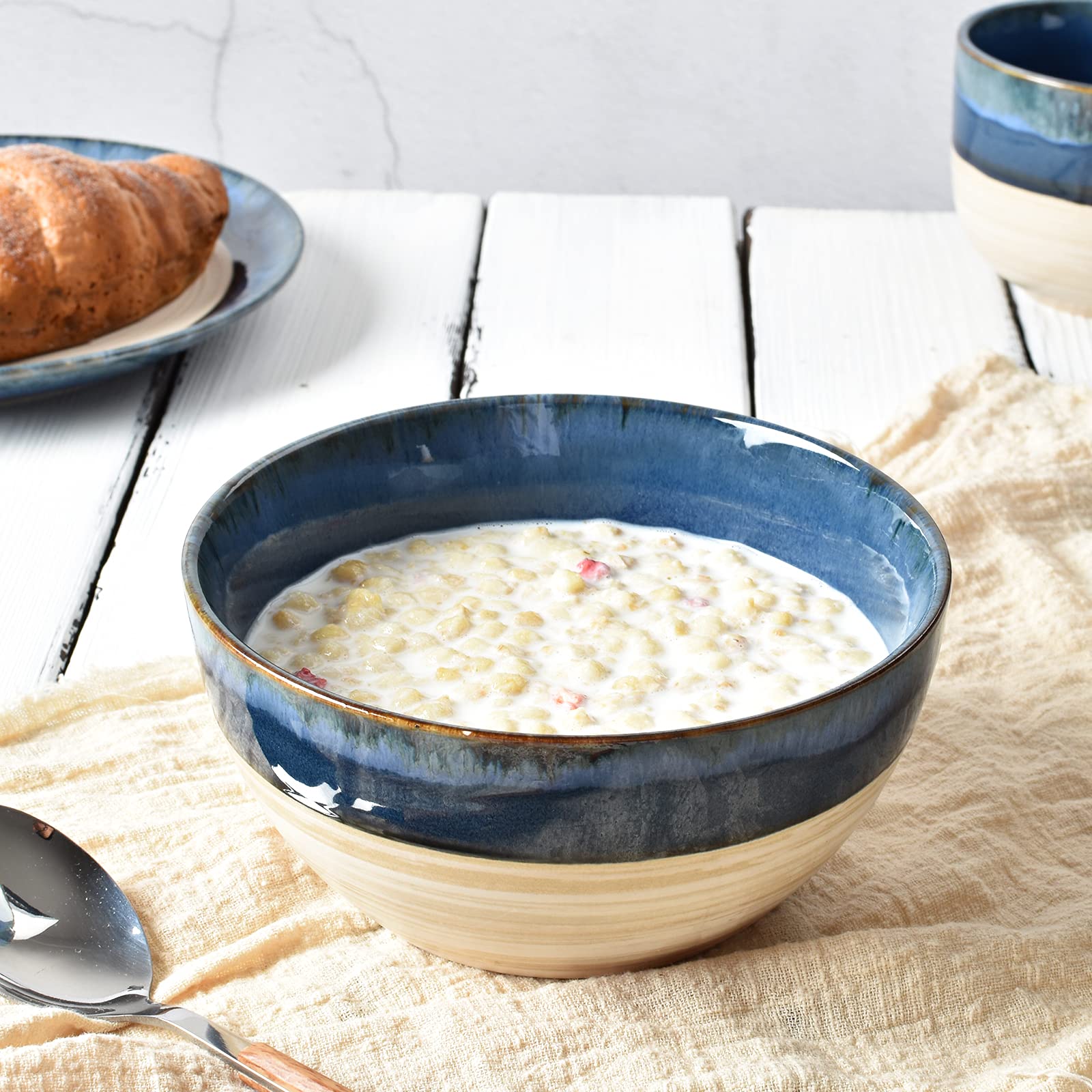 Bosmarlin Stoneware Soup Bowl Set Of 4, 26 Oz, Cereal Bowl For Oatmeal, Dishwasher And Microwave Safe, Reactive Glaze (Deep Blue