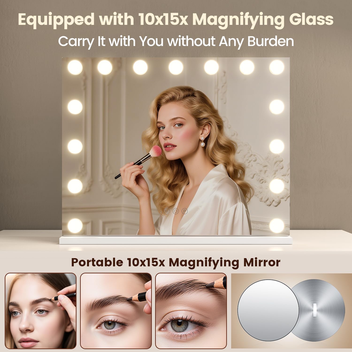 VESAUR 23 Large Vanity Mirror with Lights, Hollywood Lighted Makeup Mirror with 10X/15X Magnification, 15 Dimmable LED Bulbs 3 C