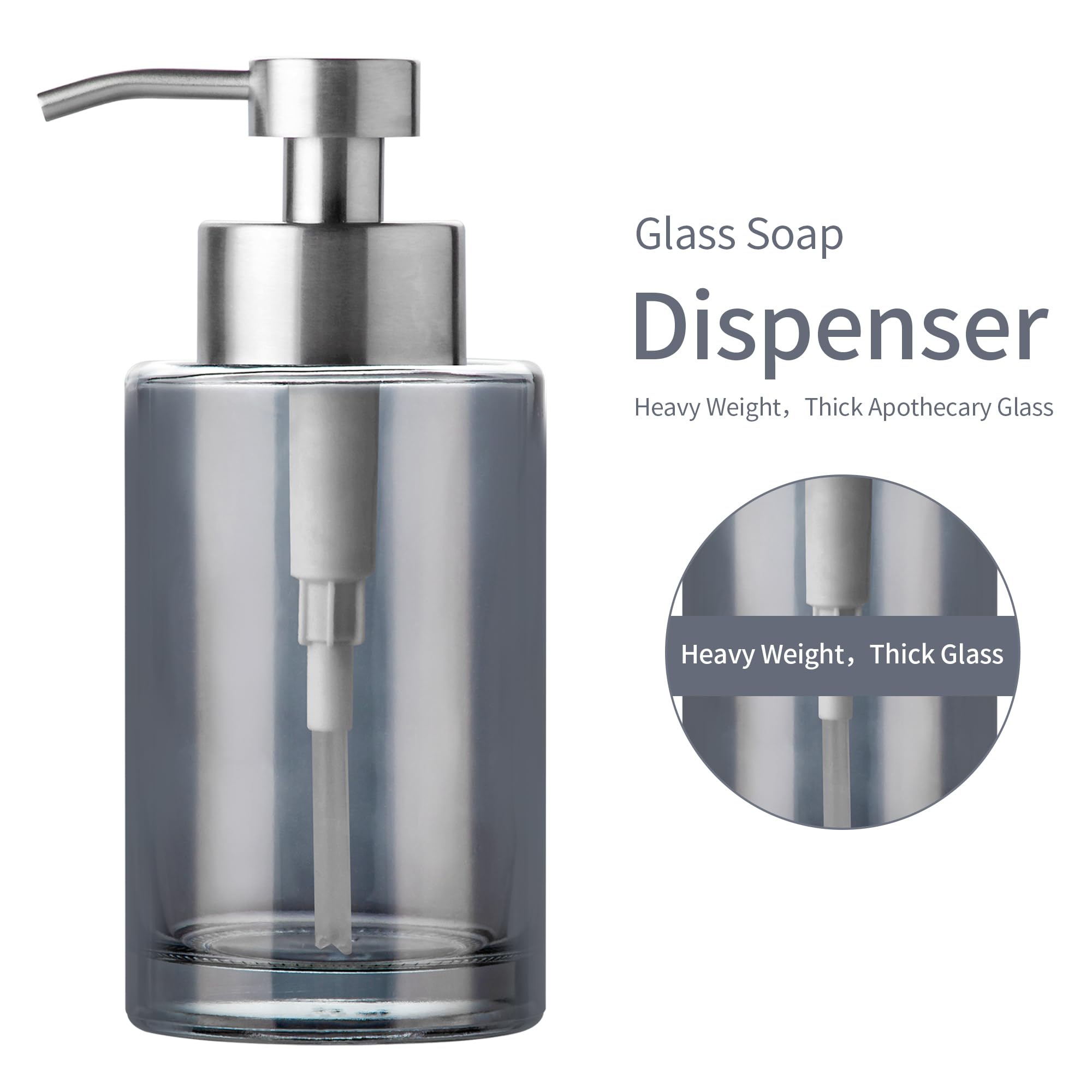 Enra Foaming Soap Dispenser,12Oz Thick Glass Bathroom Soap Dispenser With Stainless Steel Pump,Dish Soap Dispenser,Soap Dispense