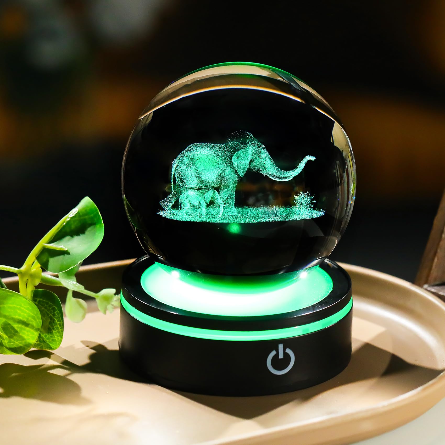 YWHL 3D Elephant Crystal Ball Figurine with Colorful Light Base, Elephant Gifts for Mom Women Men Elephants Lovers, Decorative E