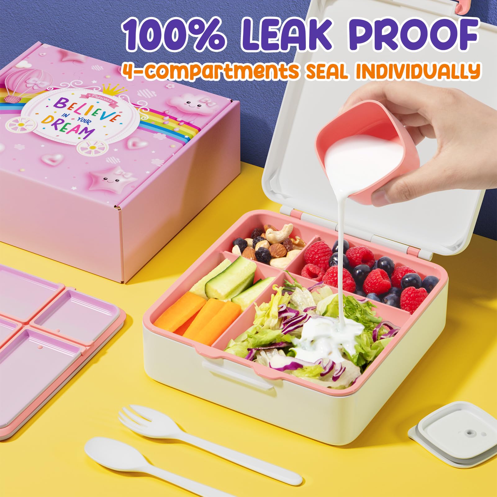 Fimibuke Bento Lunch Box For Kids - Leak Proof Toddler Bento Box With 4 Compartments Bpa Free Dishwasher Safe Lunch Container Wi