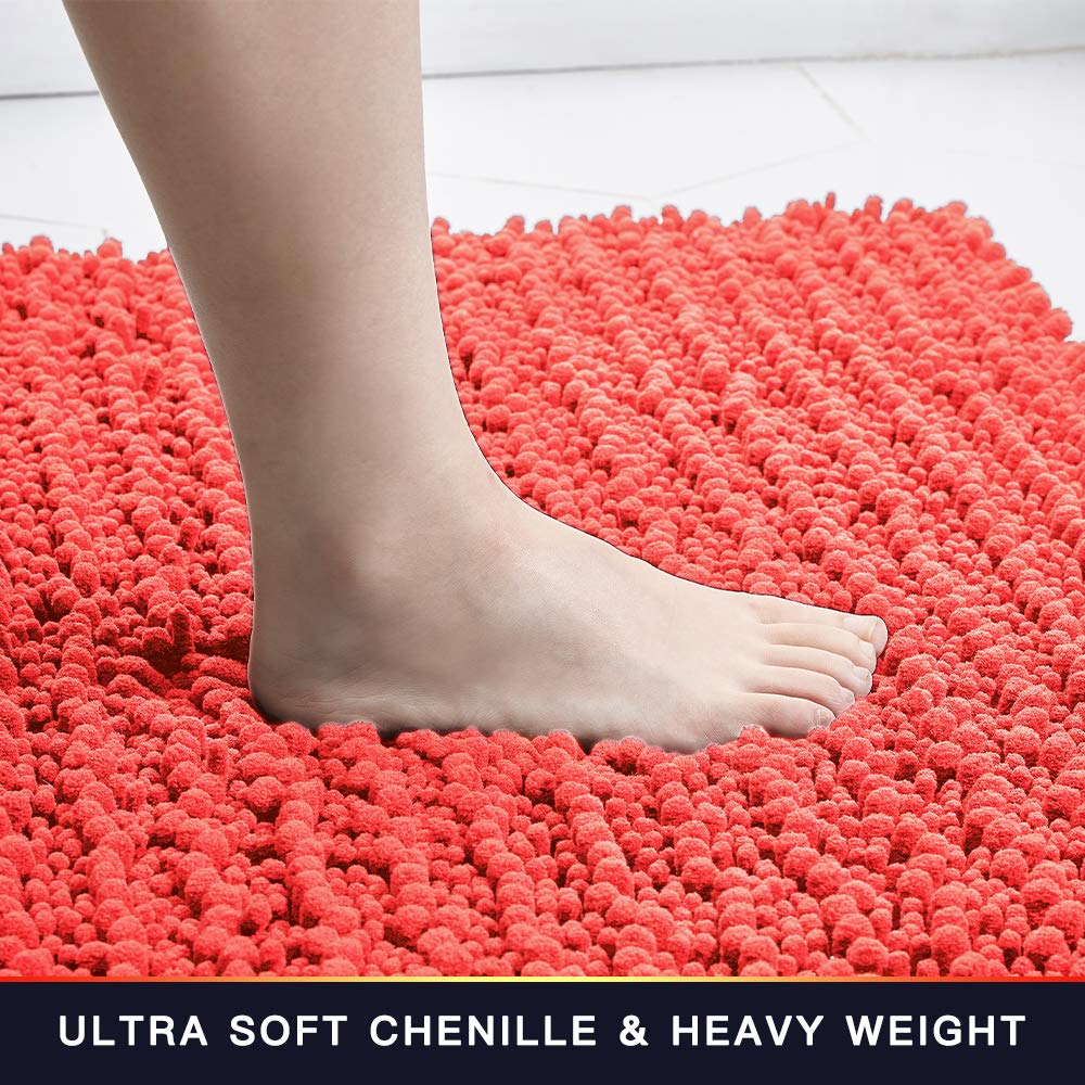 Walensee Bathroom Rug Non Slip Bath Mat (24X17 Inch Coral) Water Absorbent Super Soft Shaggy Chenille Machine Washable Dry Extra