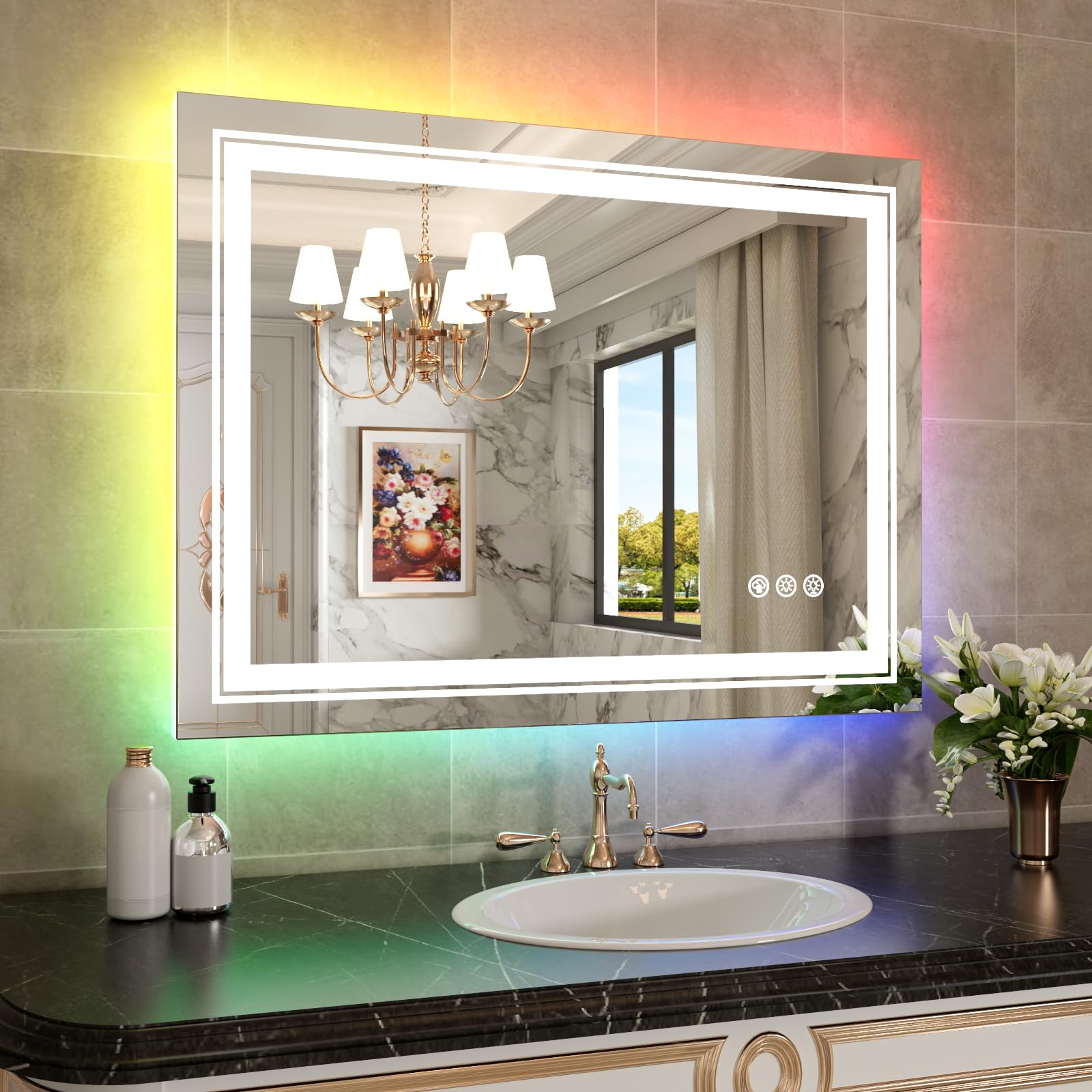 Wtty Led Bathroom Mirror 40''X32'' With Rgb Backlit And Front Light,Stepless Dimmable Led Mirror For Bathroom,Lighted Bathroom V