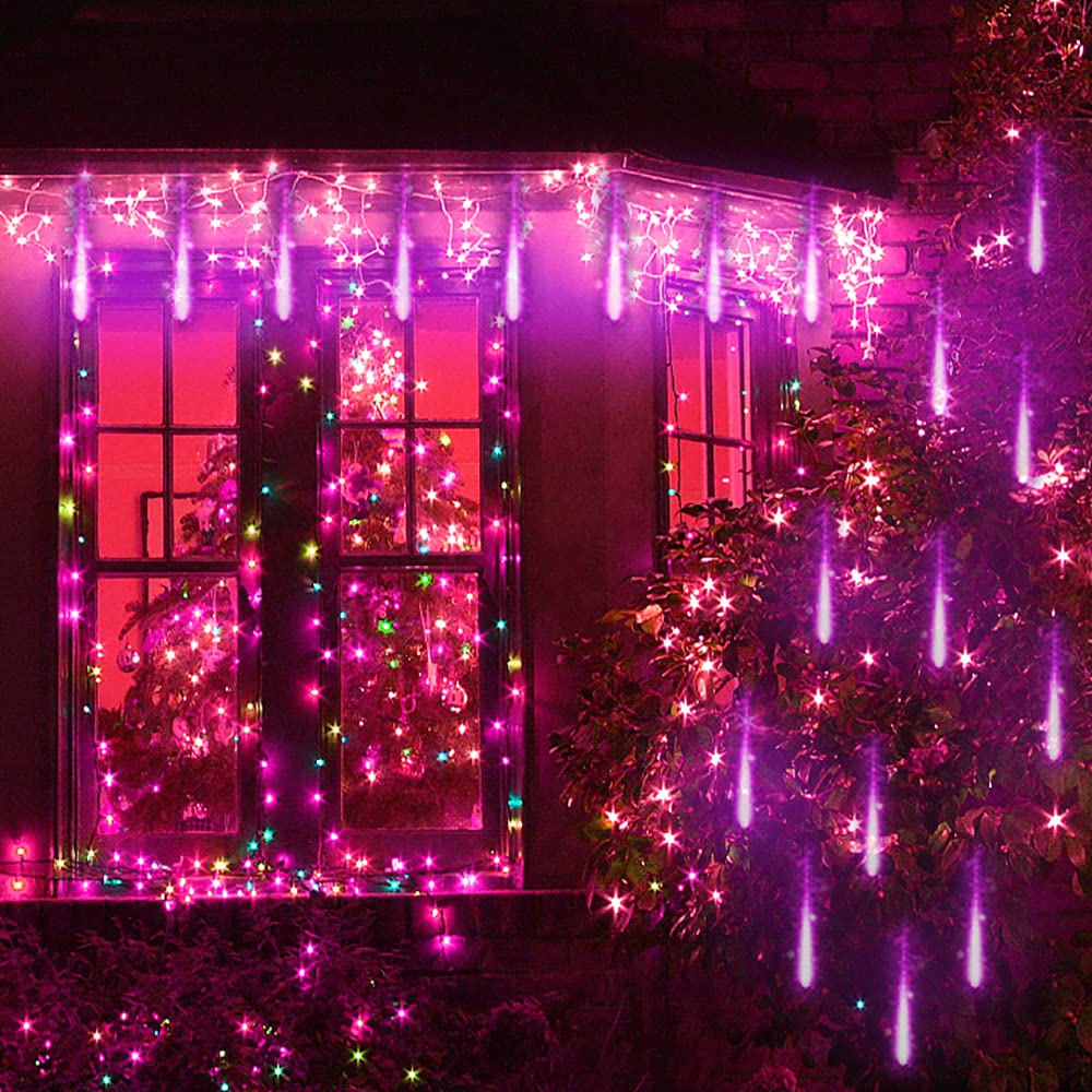 Kwaiffeo Purple Christmas Lights Outdoor, 16 Tubes Meteor Shower Light (Equivalent to 2 Sets of 8-Tube) for Halloween Christmas