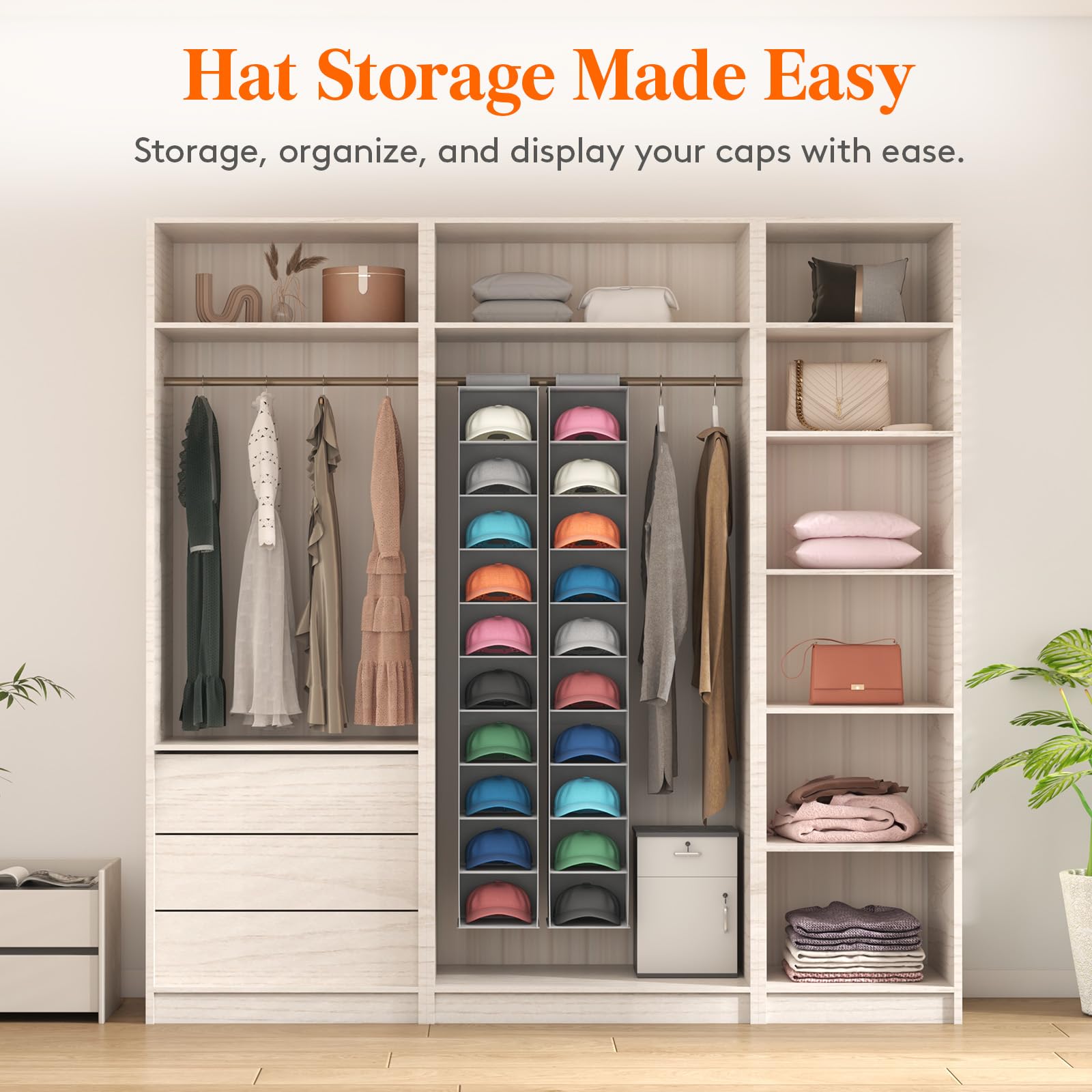 Lifewit 10 Compartments Hat Organizer For Baseball Caps, 2 Packs Hat Racks Hanging Storage Organizer, Non-Woven Fabric Display S
