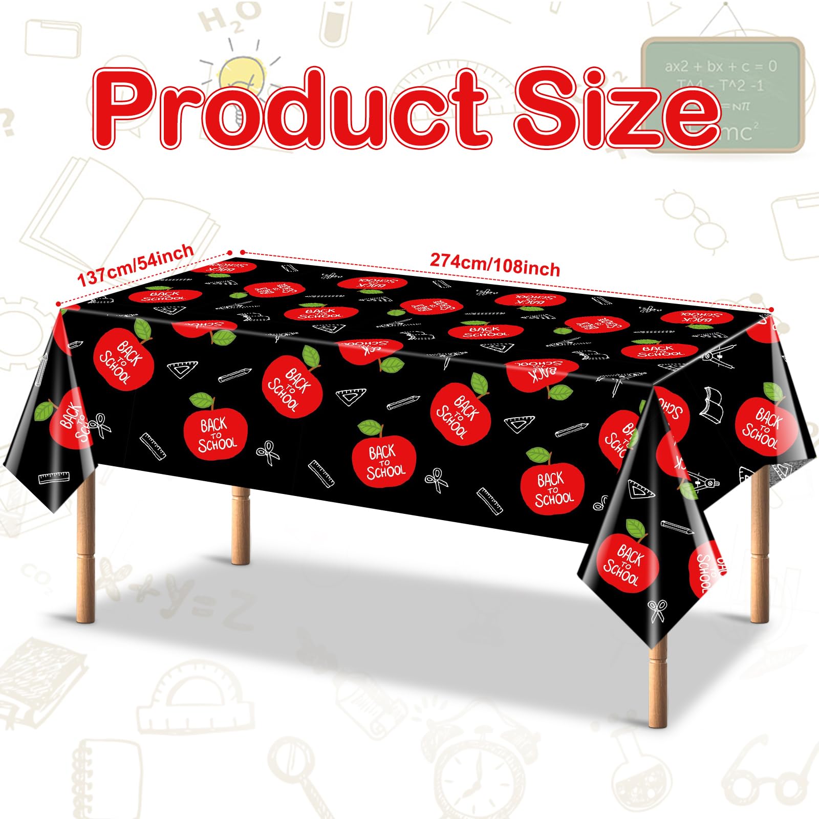 Whaline 3Pcs Welcome Back To School Party Tablecloth 54X108 Inch Waterproof Table Cover Red Apples Pencils Books Plastic Table C