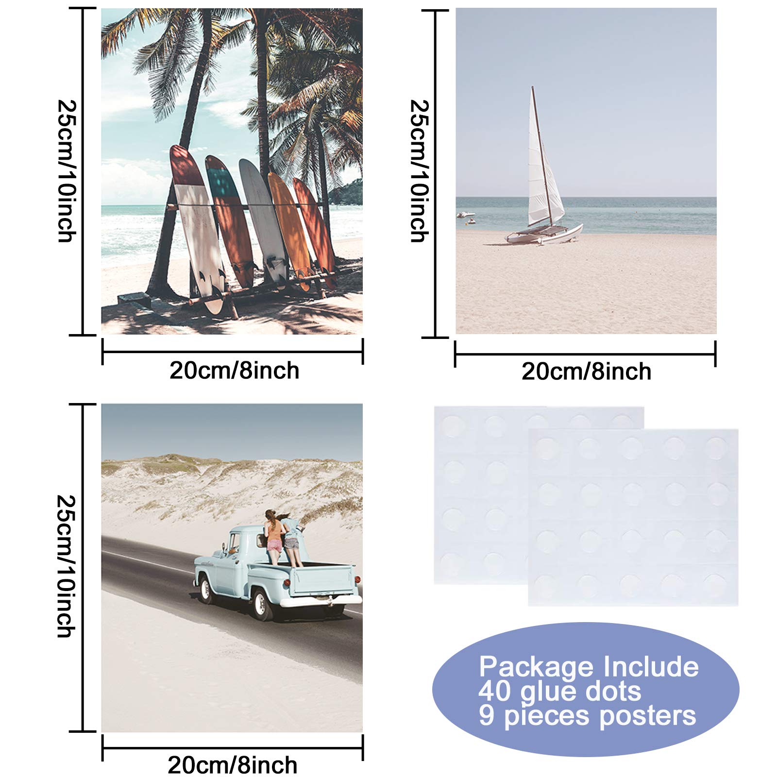 9 Pieces Beach Wall Art Prints Ocean Beach D  Cor Nautical Themed Posters Teens Girls Bedroom Decor, 8 X 10 Inch, Beach Wall Art