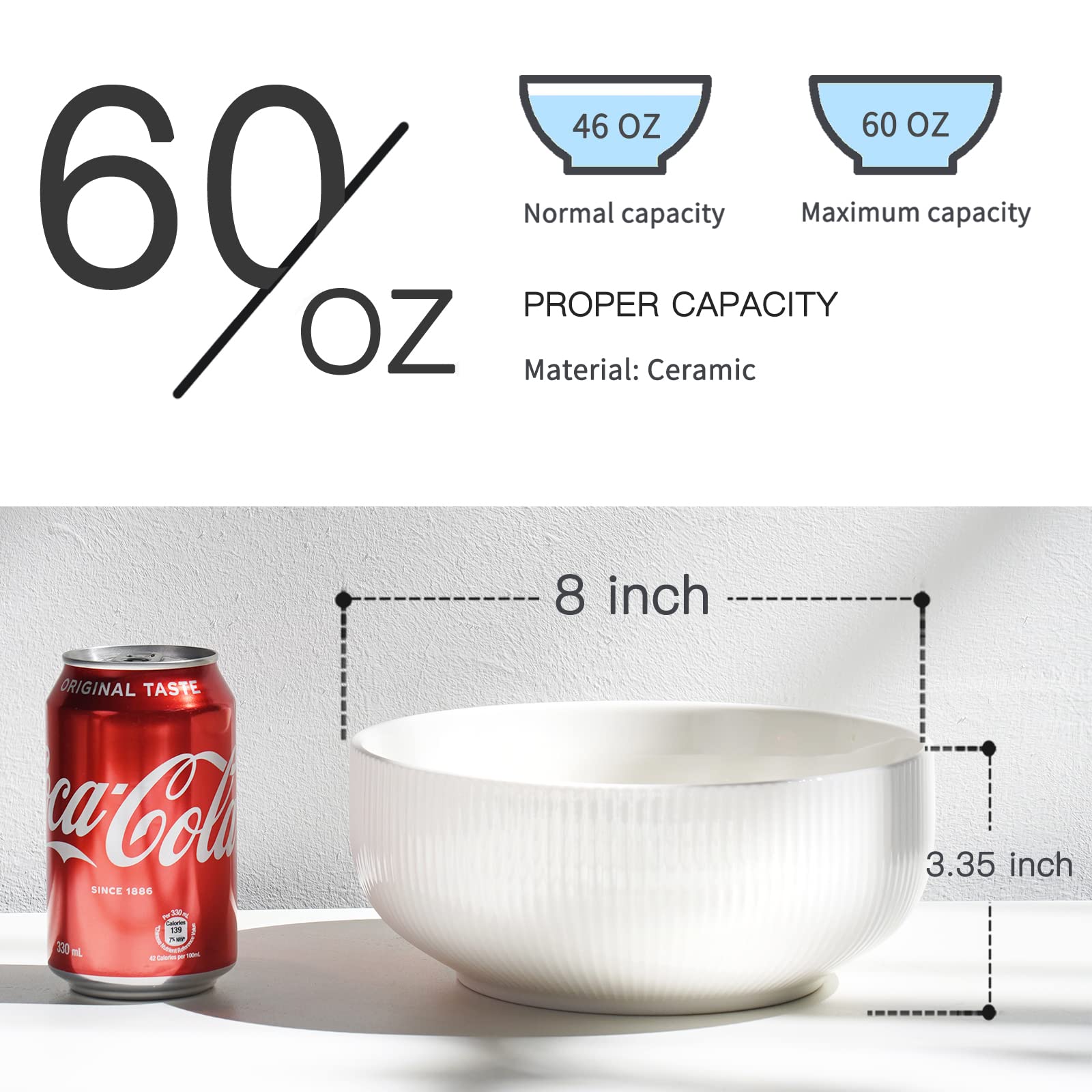 Getstar Salad Bowl, 8 Inch 60 Oz Large Serving 2 Packs Ceramic Bowl Set, Microwave & Freezer Safe, Bowl Set Of 2 For Fruit Soup