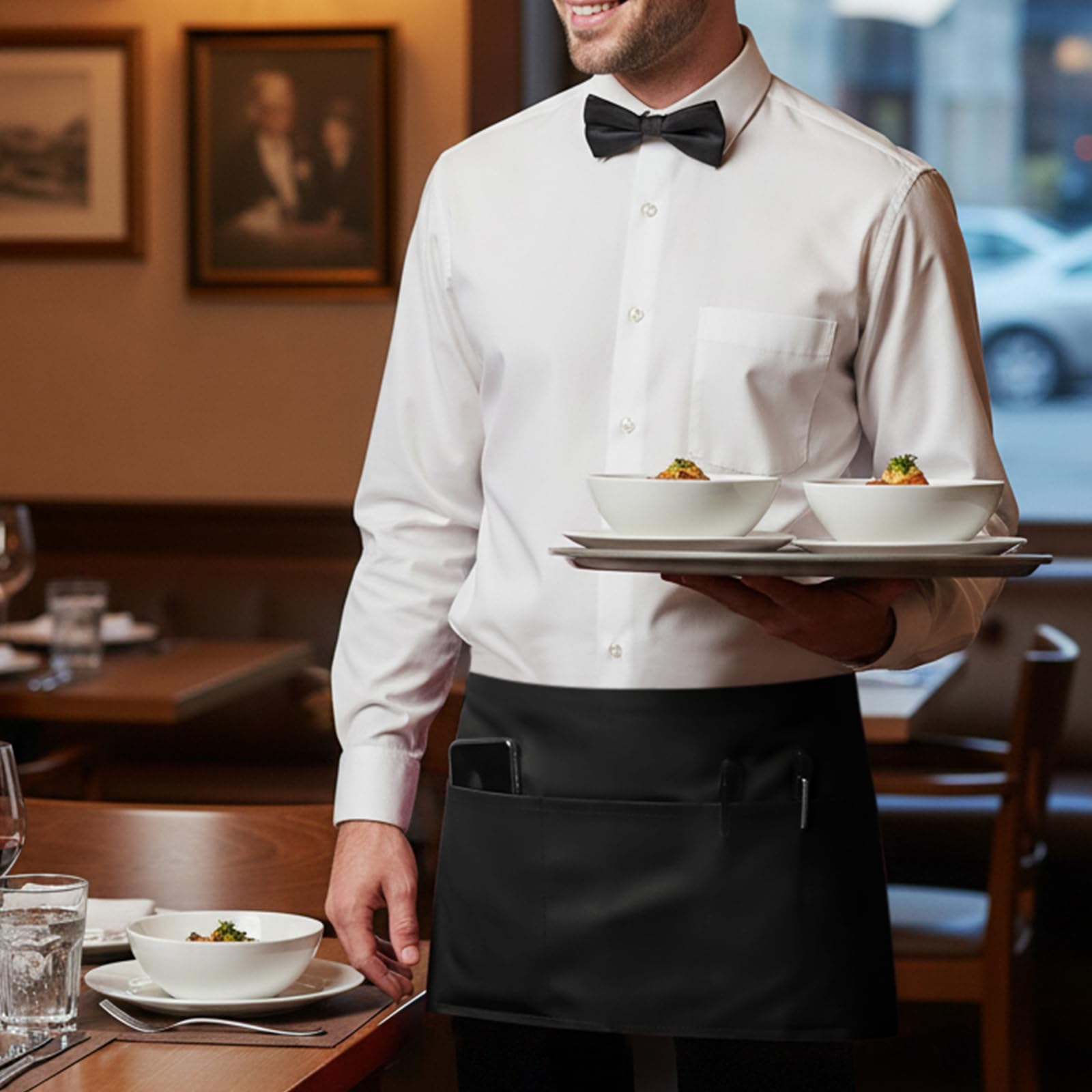 BOHARERS 50 Pack Waist Apron with 3 Pockets - Black Waitress Server Short Apron