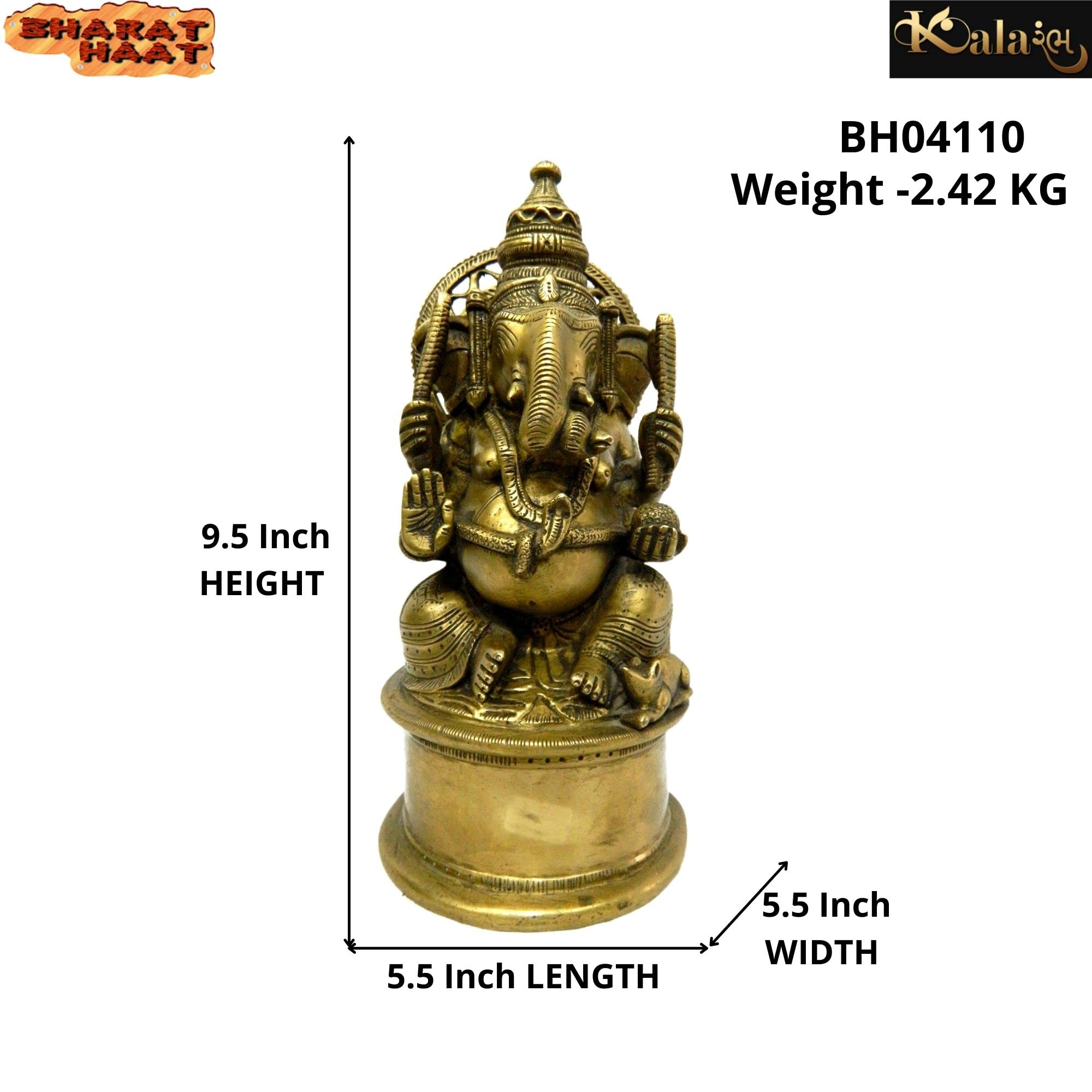 Kalarambh Brass Ganesha/Ganesh/Ganpati Idol Murti Statue For Home Pooja Puja Mandir Decor Collectible Handicraft Art, Yellow, 5.