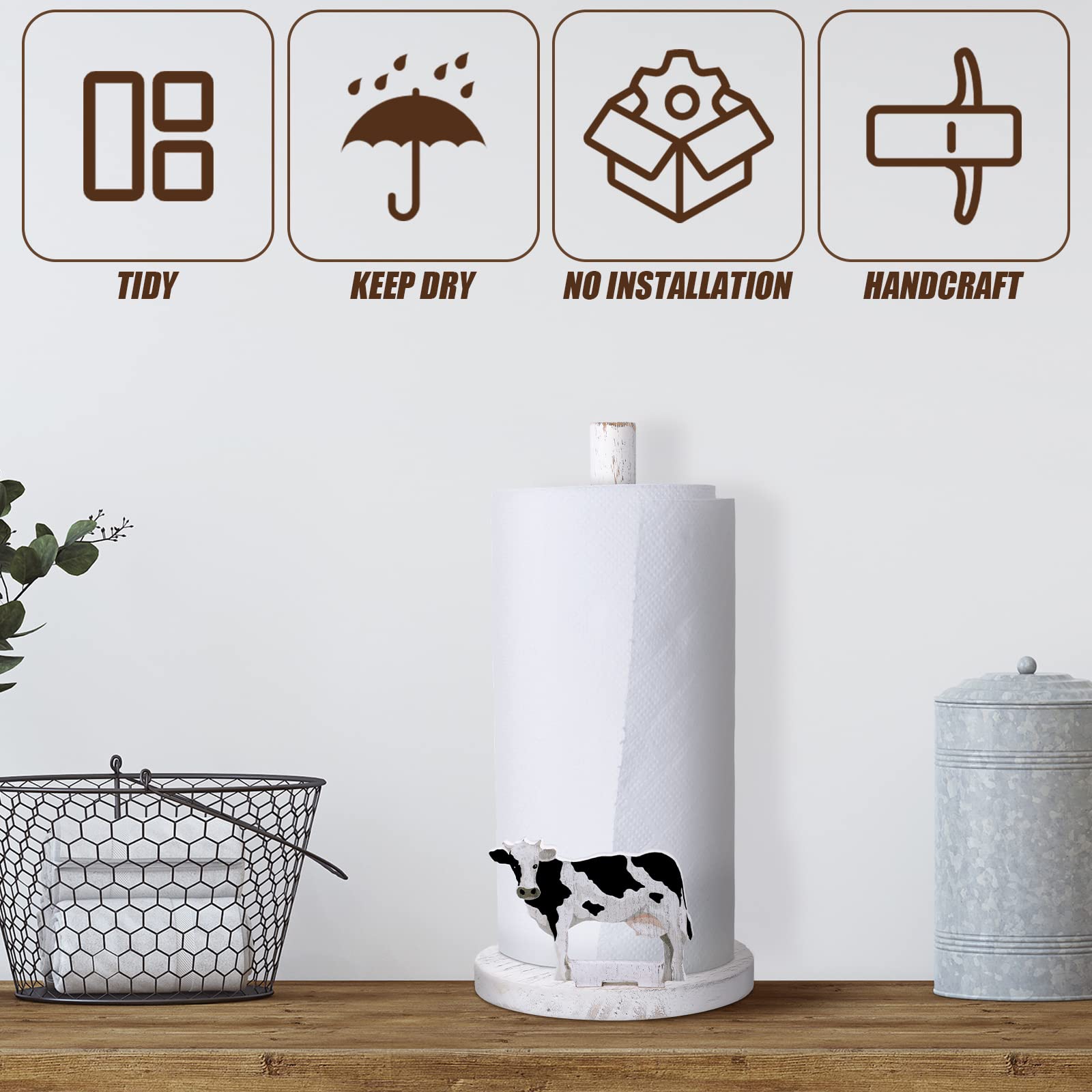 Farmhouse Paper Towel Holder Cow Rooster Sunflower Wooden Paper Towel Stand Paper Towel Dispenser Decorative Farm Kitchen Access