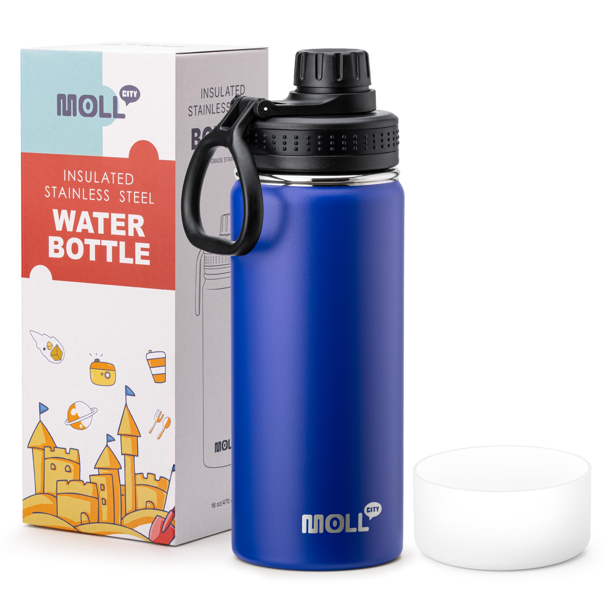 Mollcity Kids Insulated Water Bottle With Spout Lid-16 Oz Stainless Steel Vacuum Wide Mouth Sports Water Bottle For Back To Scho